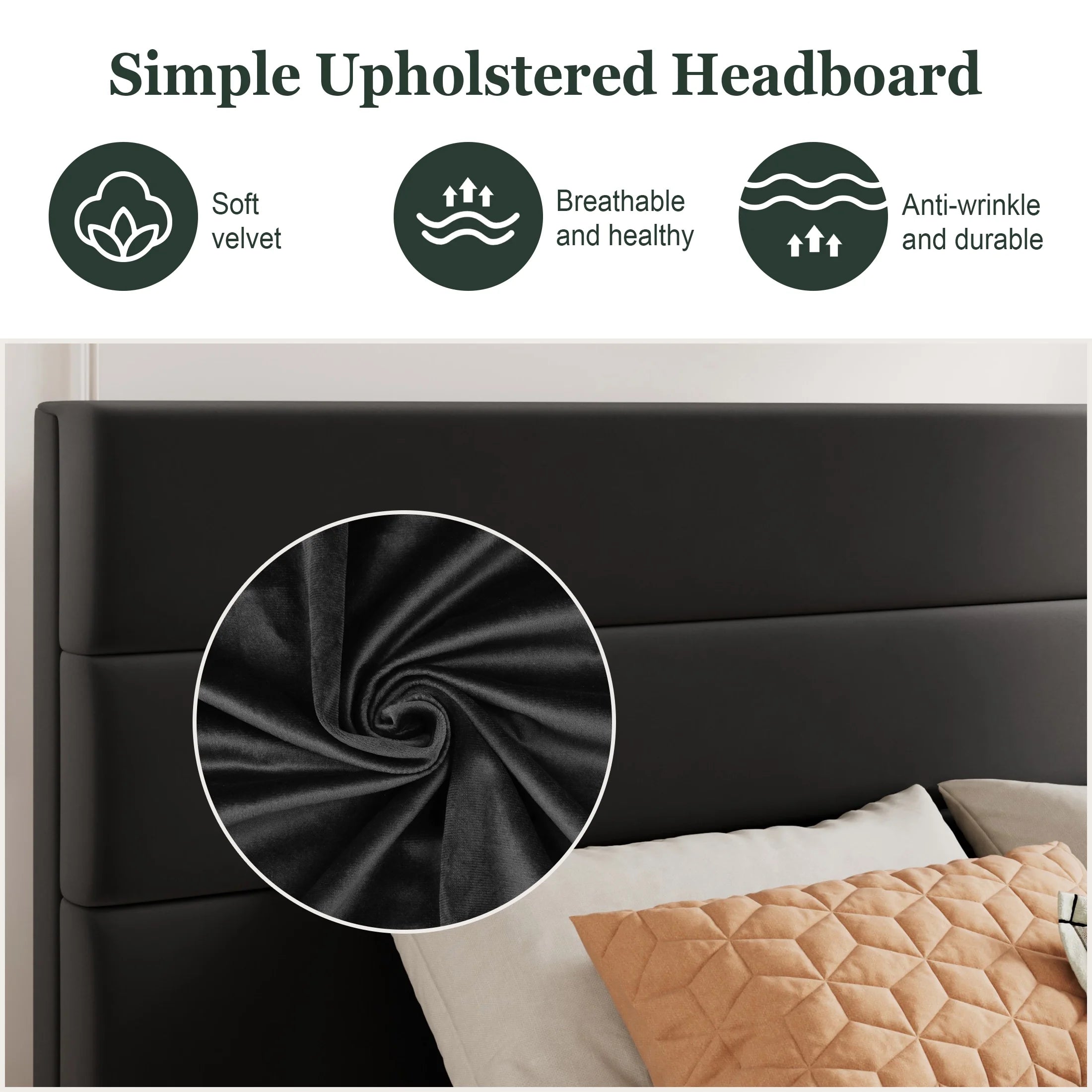 Full Bed Frame, Platform Bed Frame with Velvet Upholstered Headboard, Black