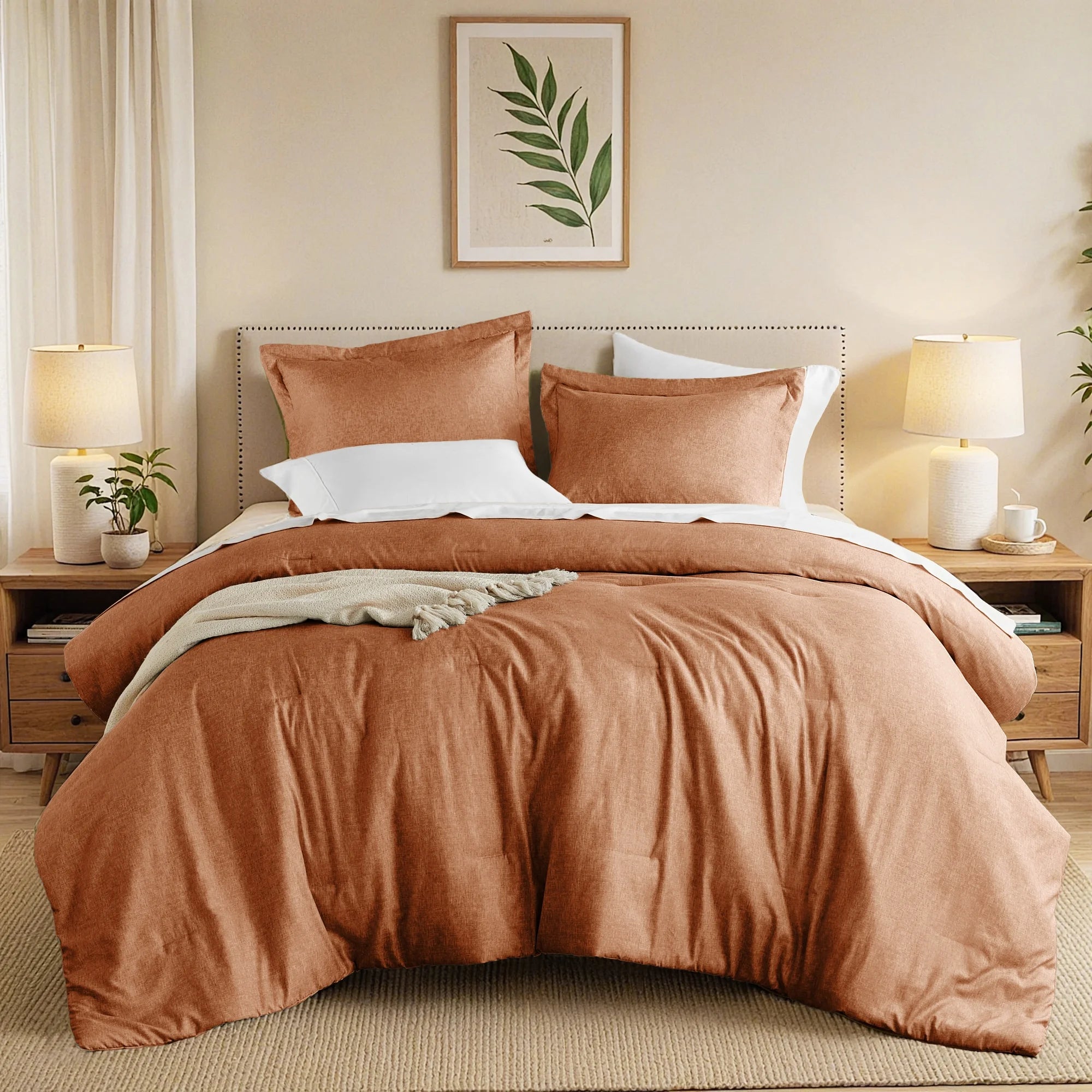 Twin/Twin-Xl Comforter Sets, Reversible 2 Piece Extra Soft Dorm Bedding Set, Chambray Print Burnt Orange Comforter Bed Set with Pillow Shams