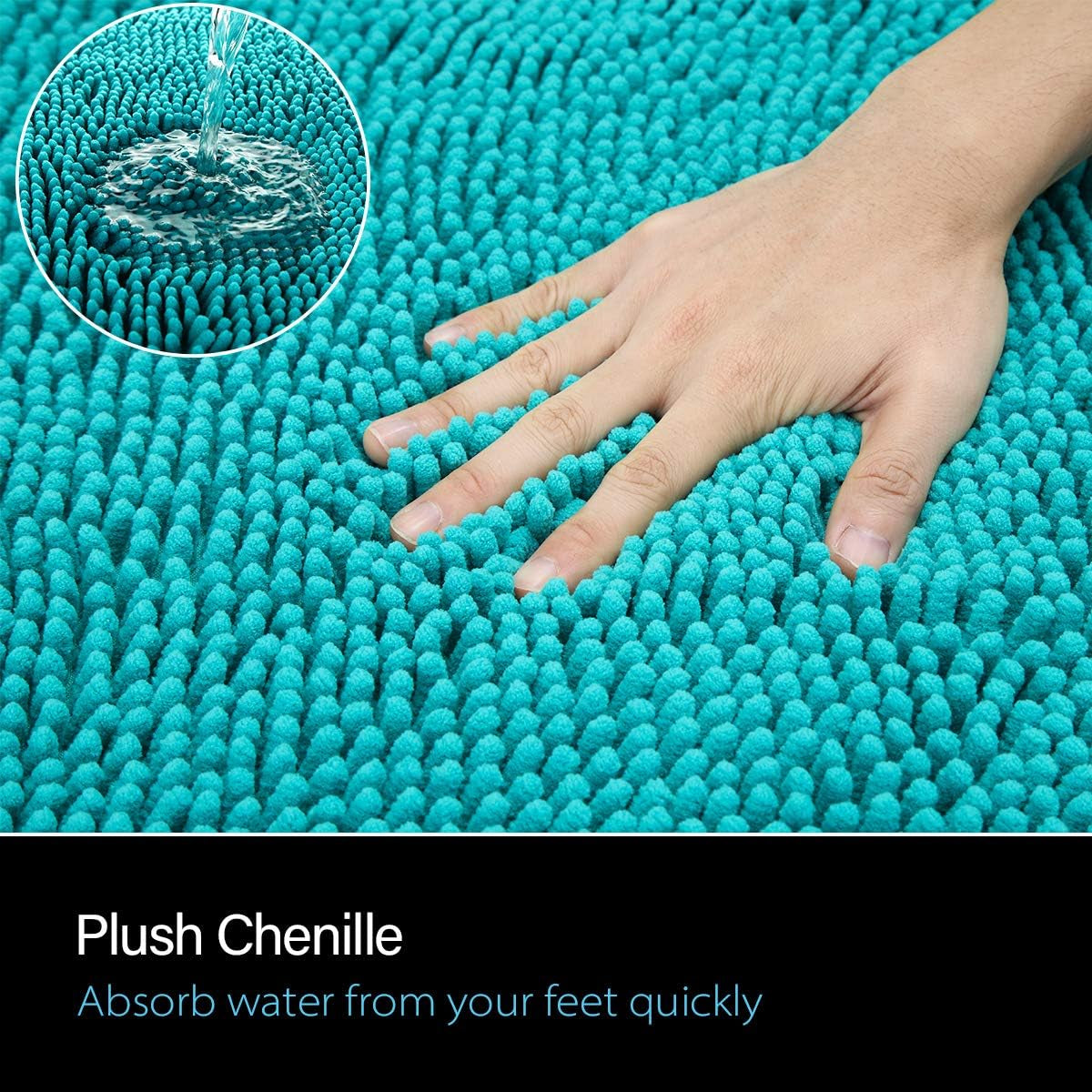 Luxury Bathroom Rug Shaggy Bath Mat 24 X 36 Inch, Washable Non Slip Bath Rugs for Bathroom Shower, Soft Plush Chenille Absorbent Carpets Mats, Teal Blue