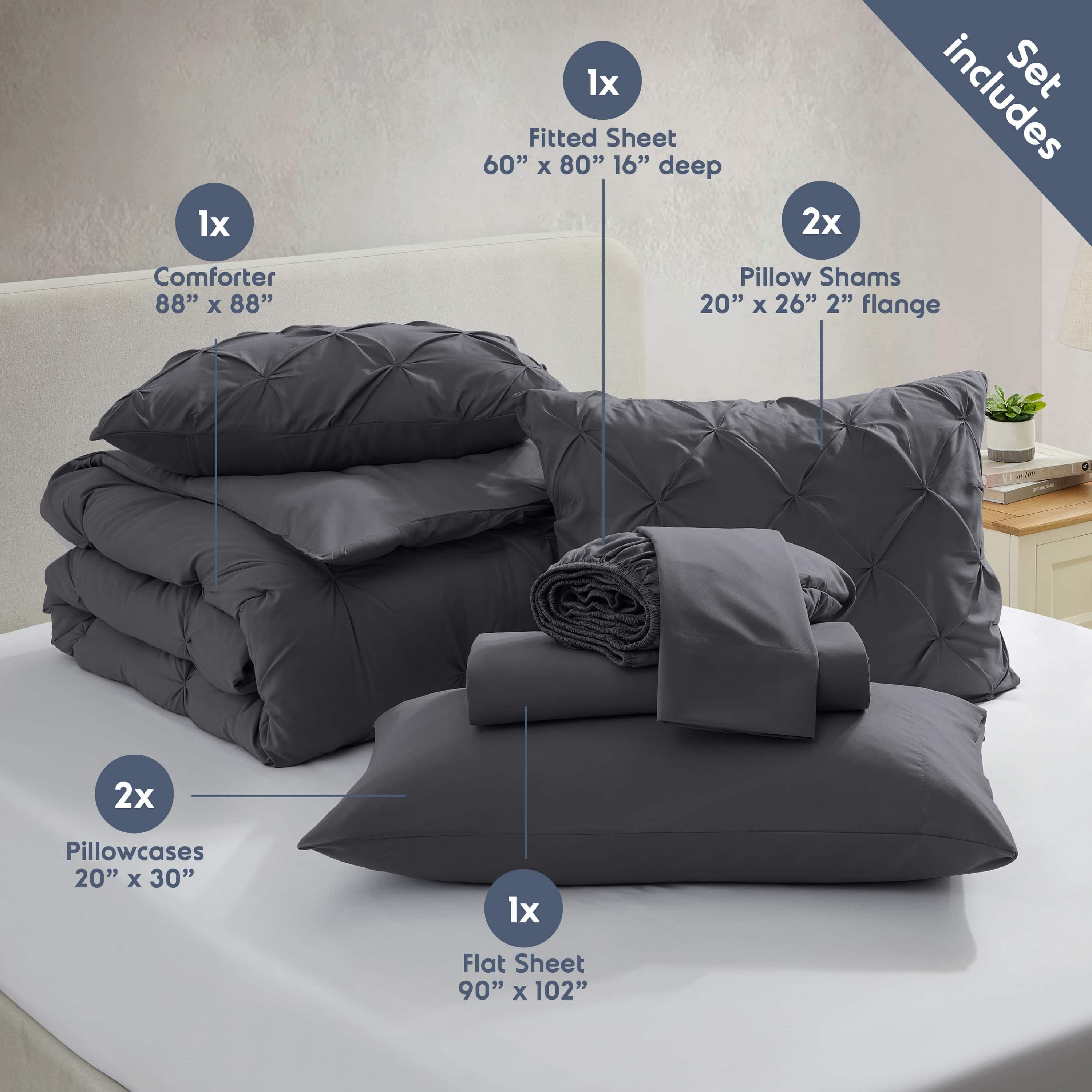 Virtu California King Comforter Set, Bed in a Bag 7 Pc Pleated Bedding Set, Dark Grey