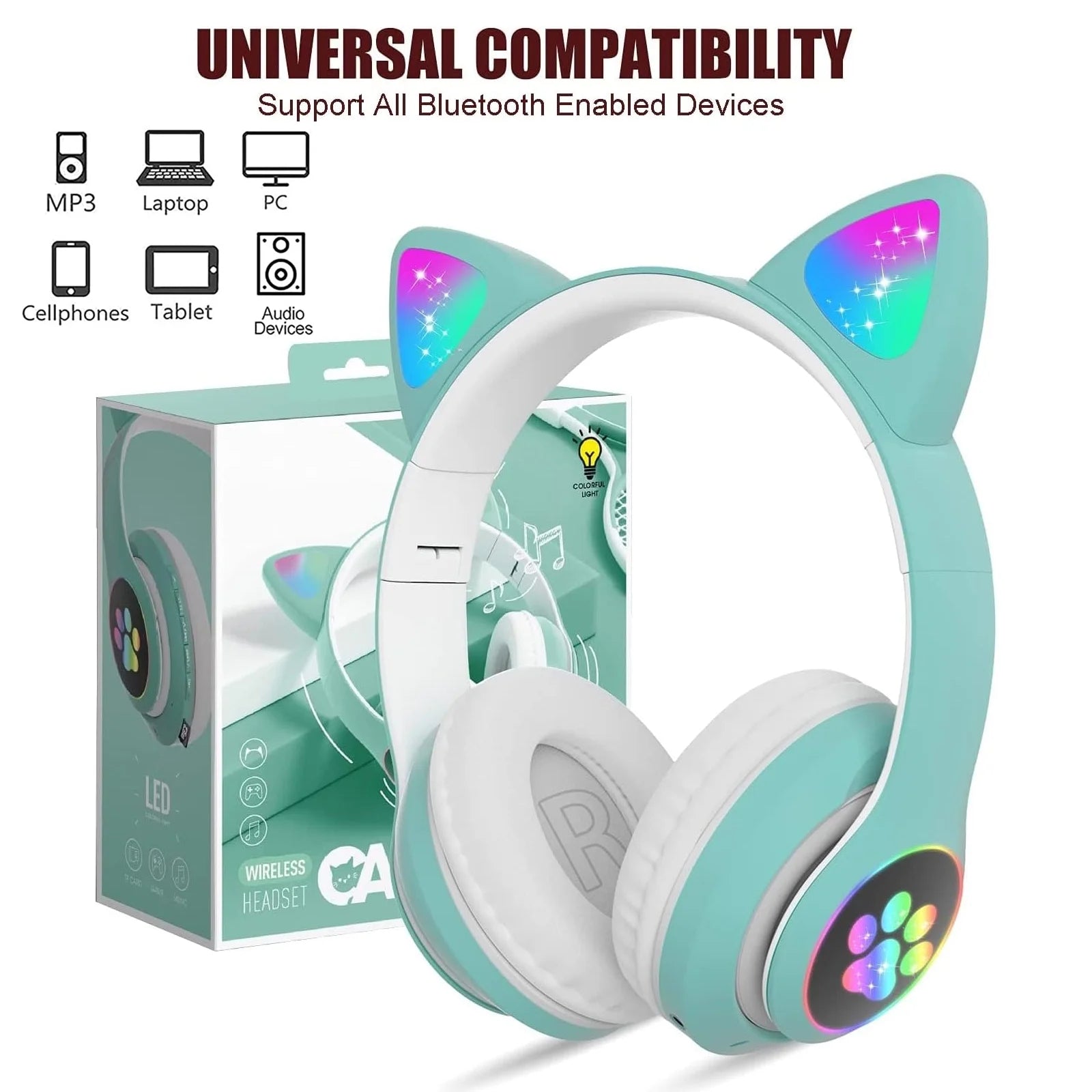 Kids Headphones with Microphone/Rgb LED Light Up, Cat Ear Bluetooth Headphones, Foldable Stereo Over-Ear Headphones for Kids Tablet/School/Pad/Smartphone, Xmas Gift (Green)