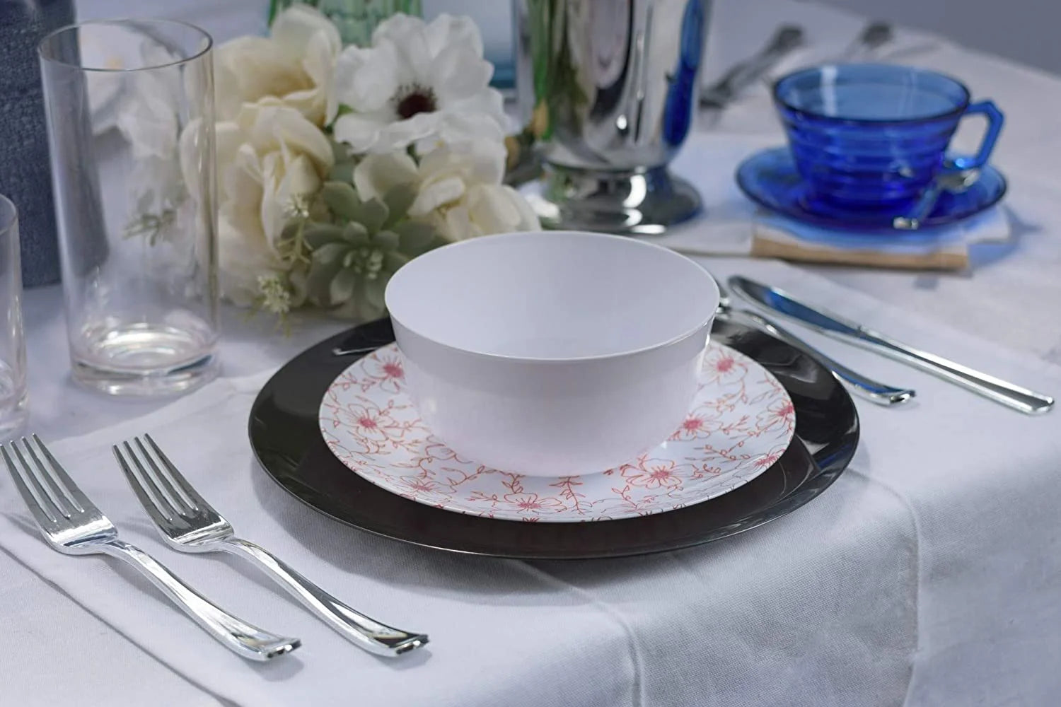 Wedding Dinner Combo 60 Piece Heavy Duty Plastic Disposable Dinnerware Set. Includes 20 Dinner Plates, 20 Appetizer/Dessert Plates & 20 Soup Bowls - Flora Design