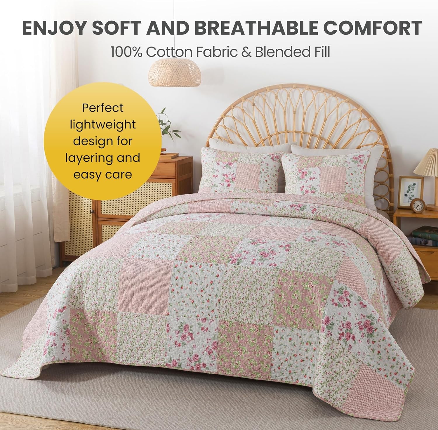 Blush Bloom Cotton Quilt Set - Queen Size with 2 Shams, Floral Patchwork Quilted Comforter, Lightweight Country Pieced Bedspread in Blush and Pink, Roses Patch Work Bedding