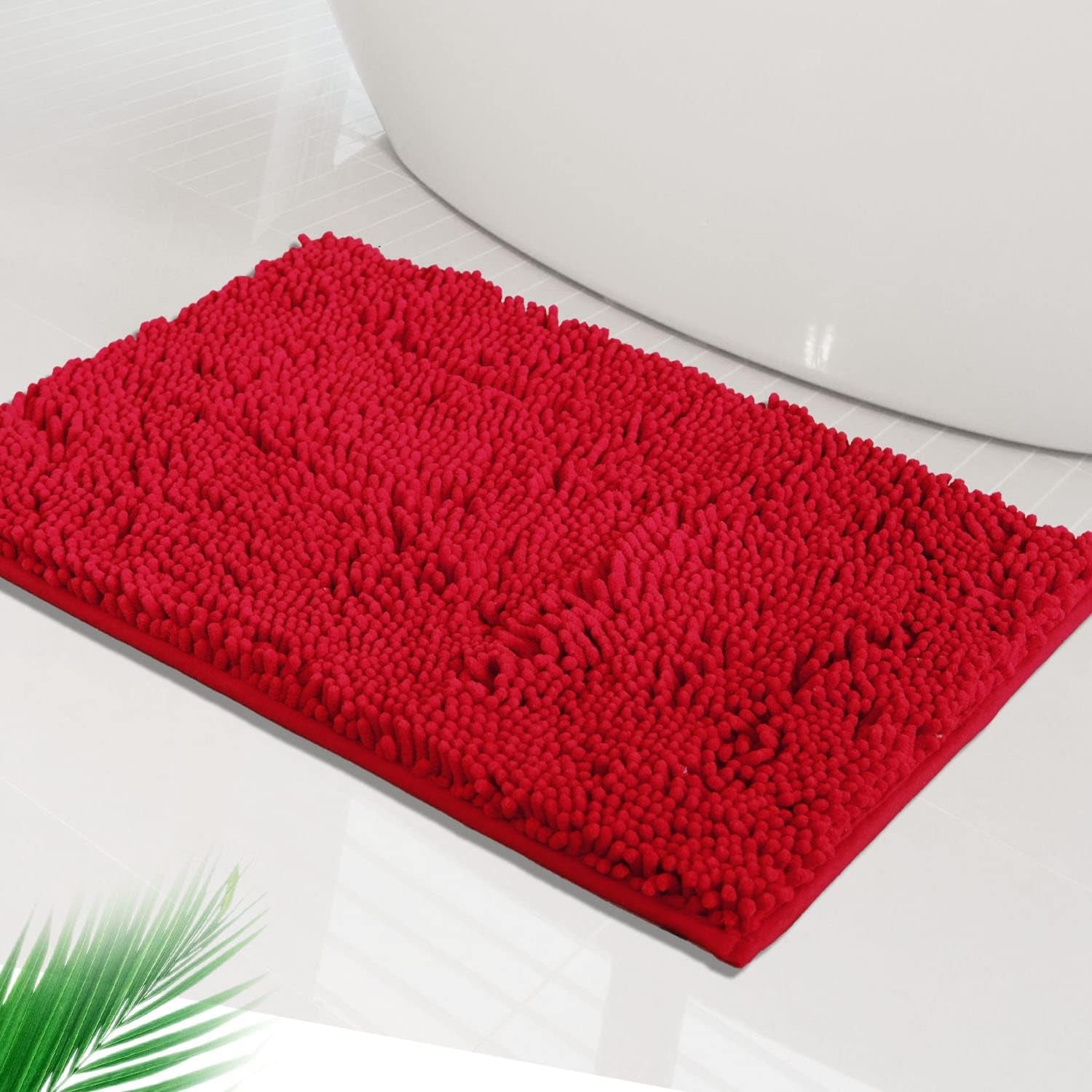 Bathroom Rugs 16 X 24 Inches, Chenille Extra Soft and Absorbent Shag Bathroom Rugs, Machine Wash Mat, Strong PVC Non-Slip Underside, Plush Carpet Mats, Christmas Decorations Red
