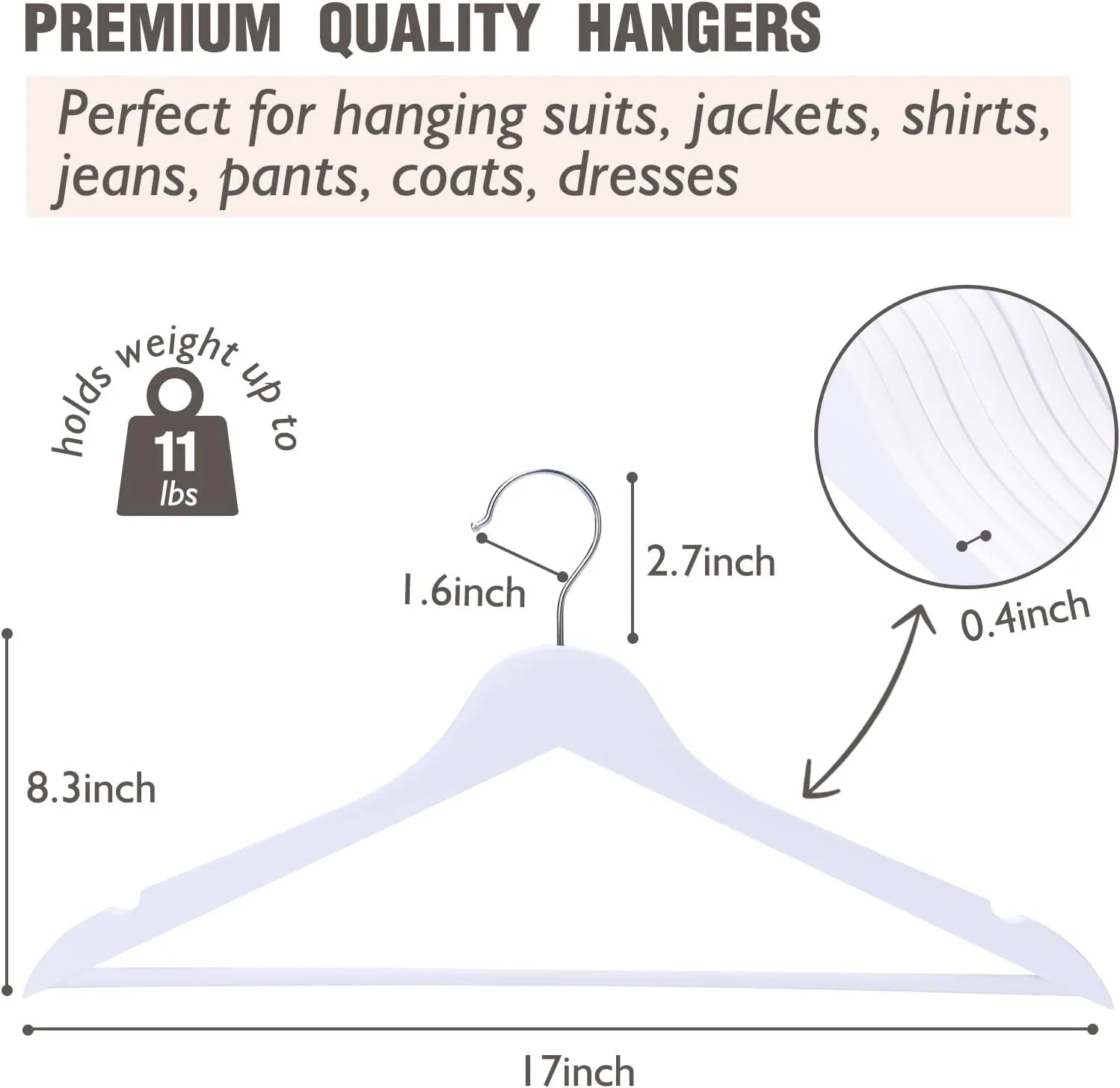 White Wooden Hangers 20 Pack, Natural Solid Wood Hangers with Smooth Finish, Non-Slip Pant Bar & 360° Swivel Hook