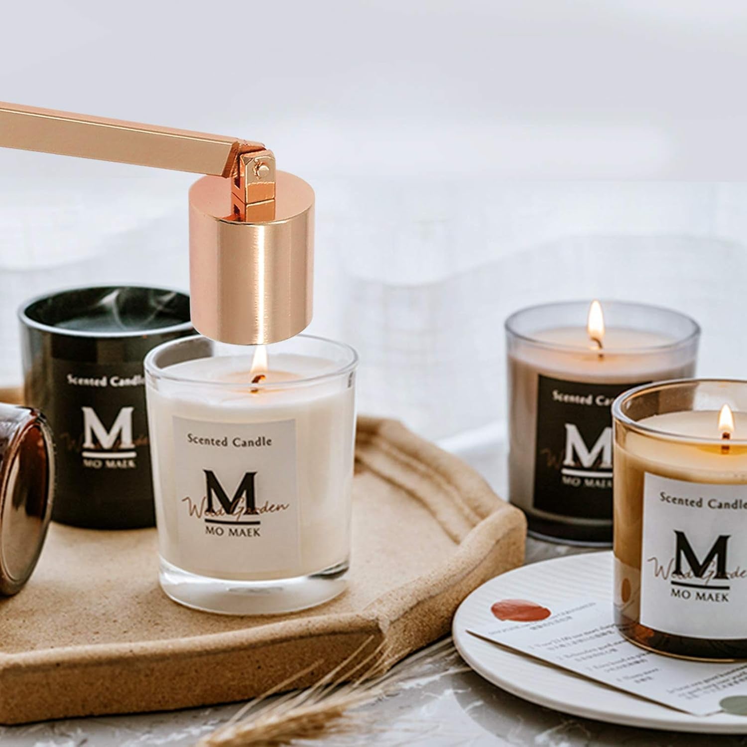 4 in 1 Candle Wick Trimmer Set - Candle Wick Trimmer, Candle Wick Dipper, Candle Snuffer and Candle Tray for Candle and Aromatherapy Lovers - Rose Gold
