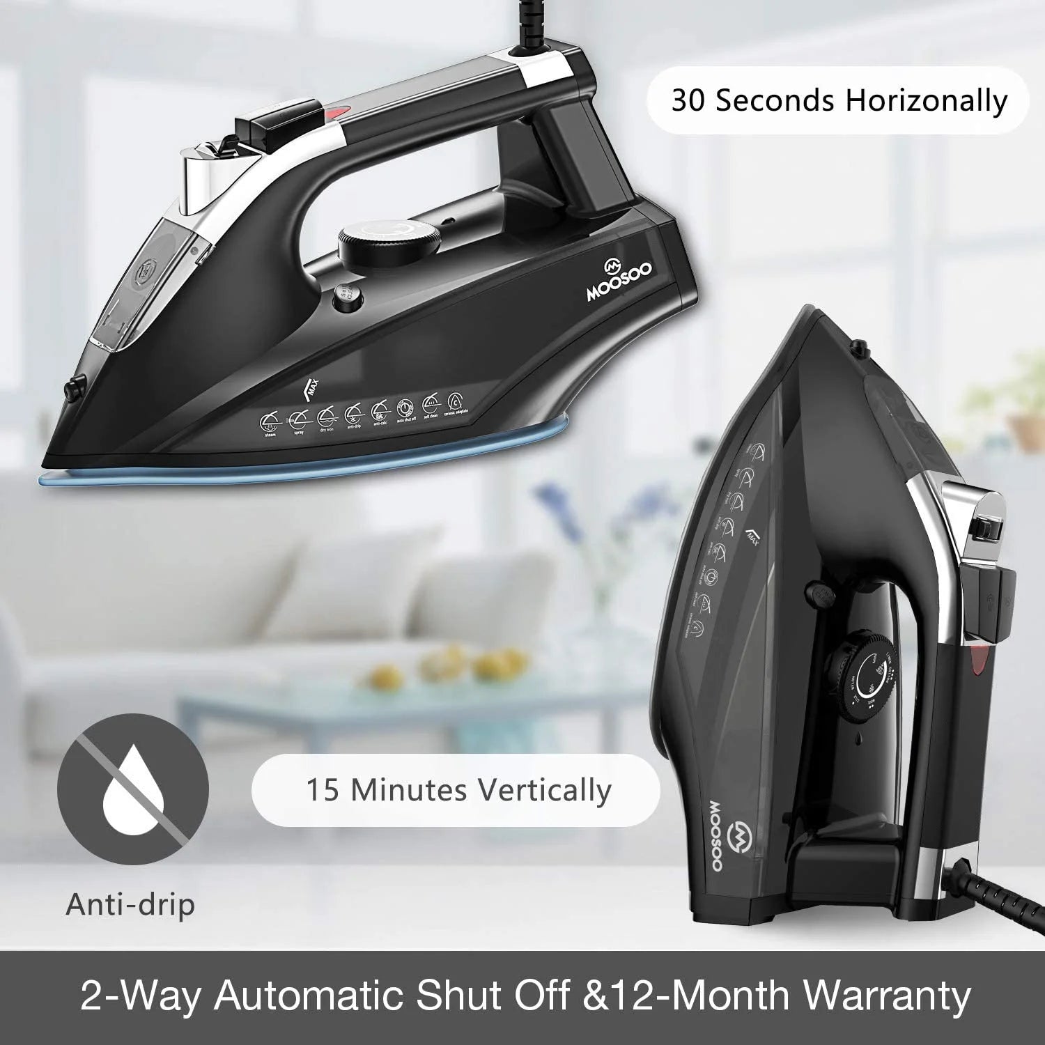 Steam Iron 1800W Dry Iron Lightweight Anti-Drip Iron with Auto-Off, ST1800
