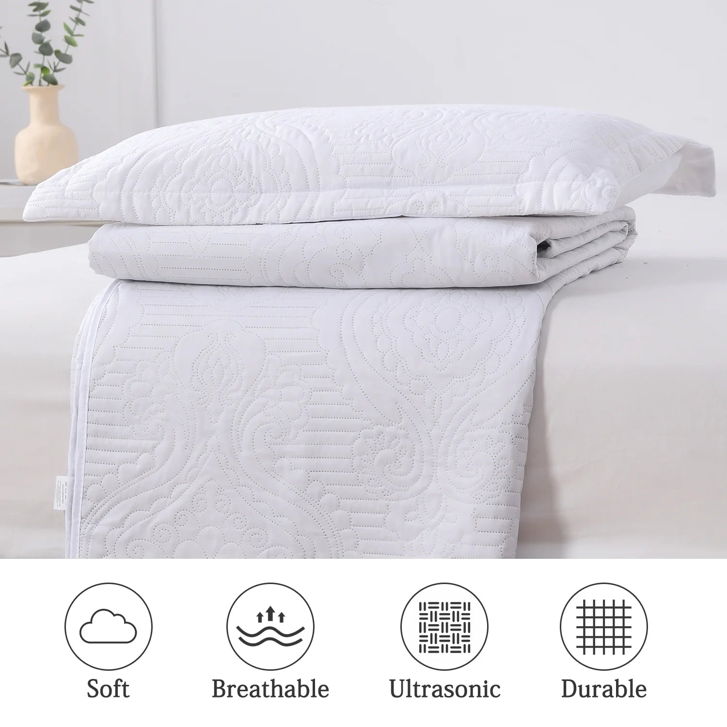 Quilt Set King White Solid Quilt Floral Microfiber Bedspread Coverlet