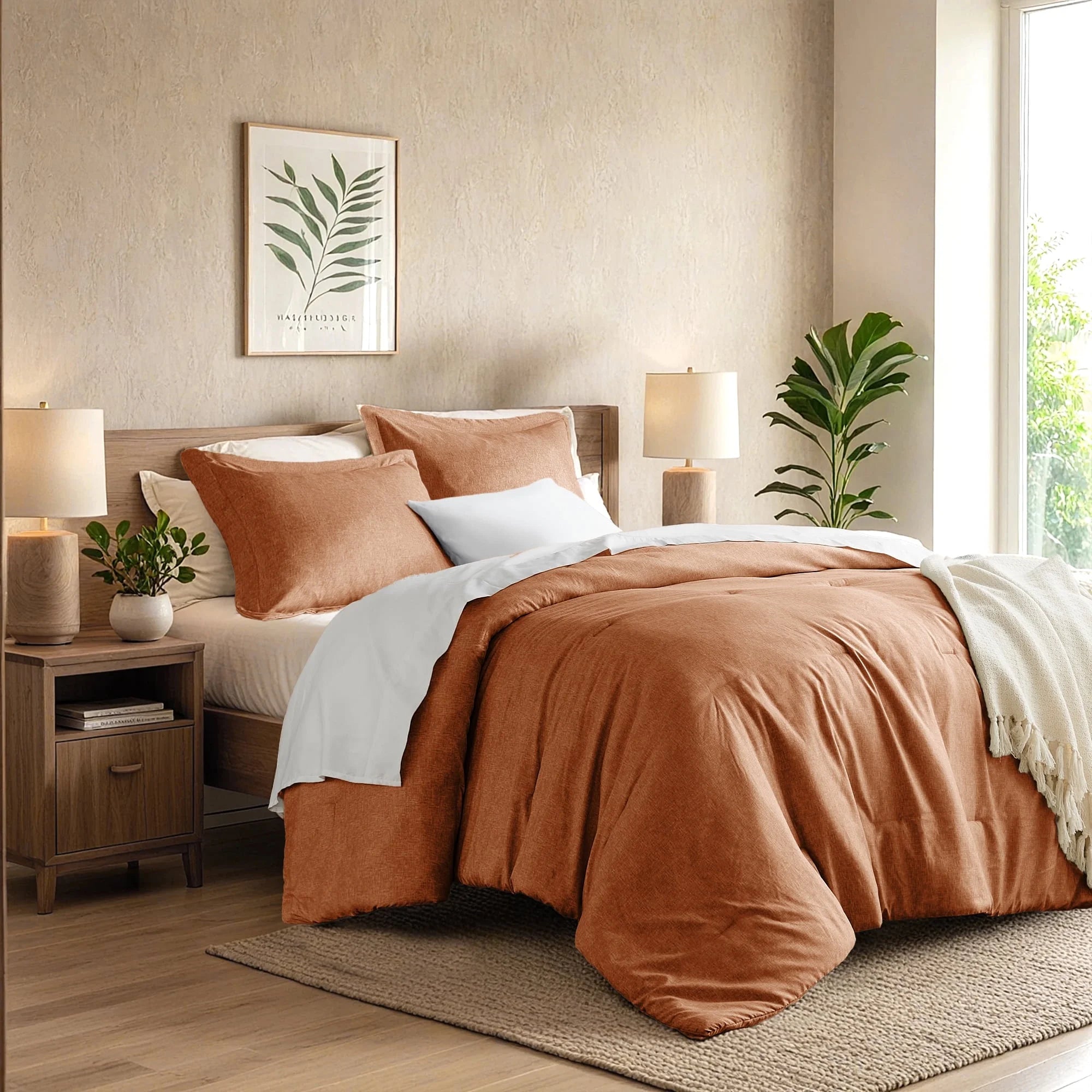 Twin/Twin-Xl Comforter Sets, Reversible 2 Piece Extra Soft Dorm Bedding Set, Chambray Print Burnt Orange Comforter Bed Set with Pillow Shams