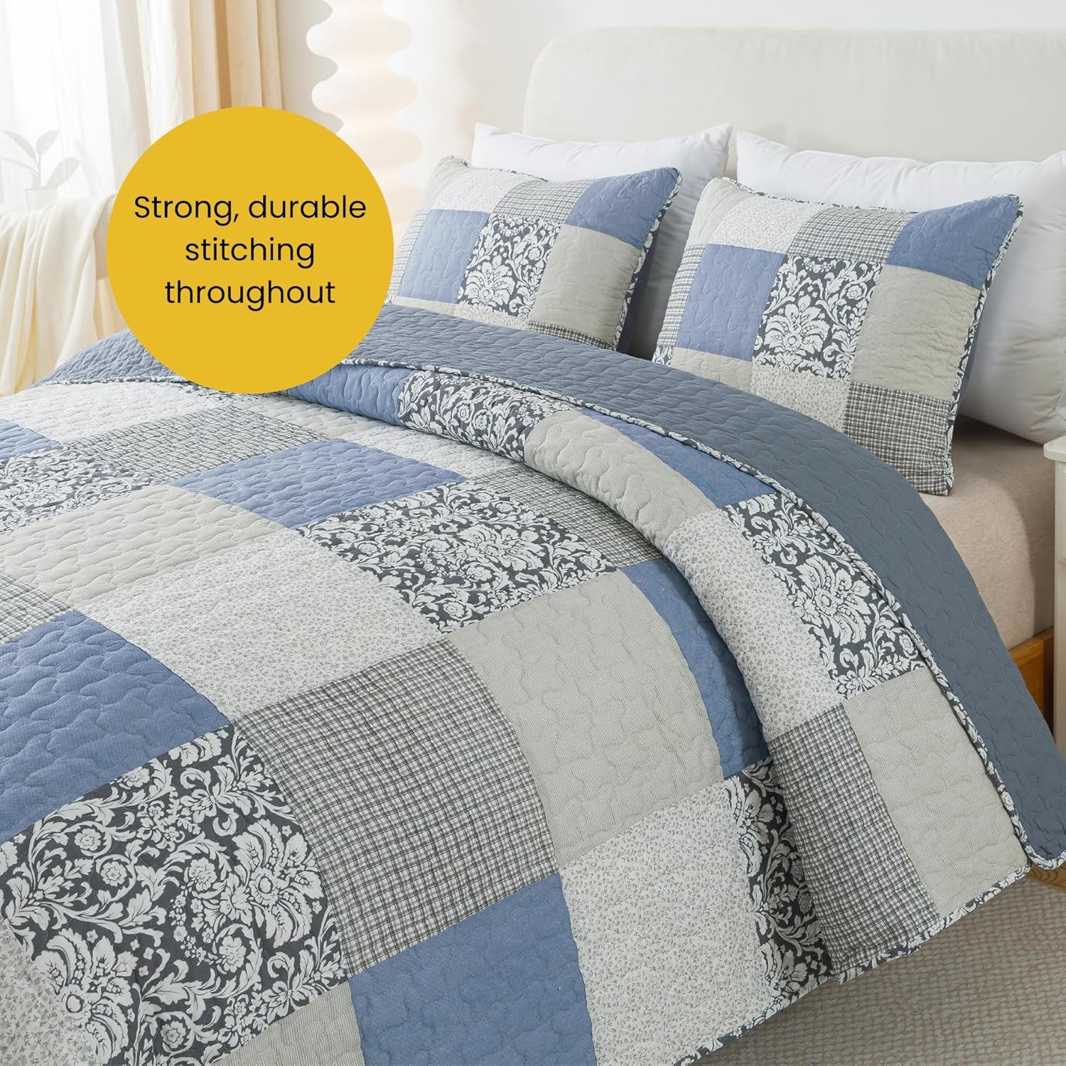 Sweet Dreams Cotton Quilt Set - King Size with 2 Shams, Pieced Patchwork Bedding in Blue and Gray, Country Style Farmhouse Quilted Bedspread