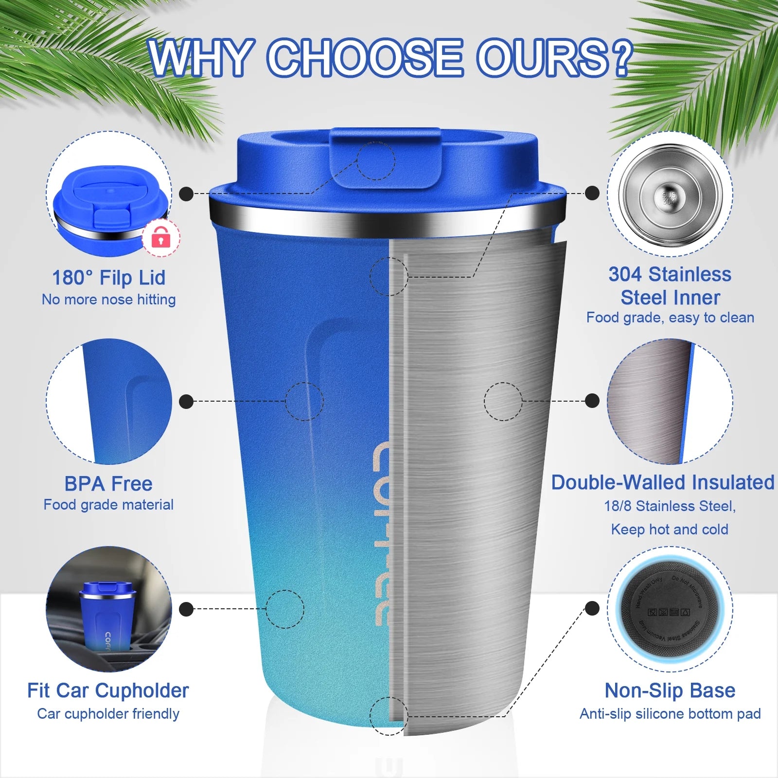 Travel Coffee Mug 13 Floz Insulated Coffee Cup with Lid Reusable Leak Proof Coffee Tumbler Stainless Steel Vacuum Gradient Colorful Thermos Cup Thermal Keeps Cold and Hot for Coffee/Tea
