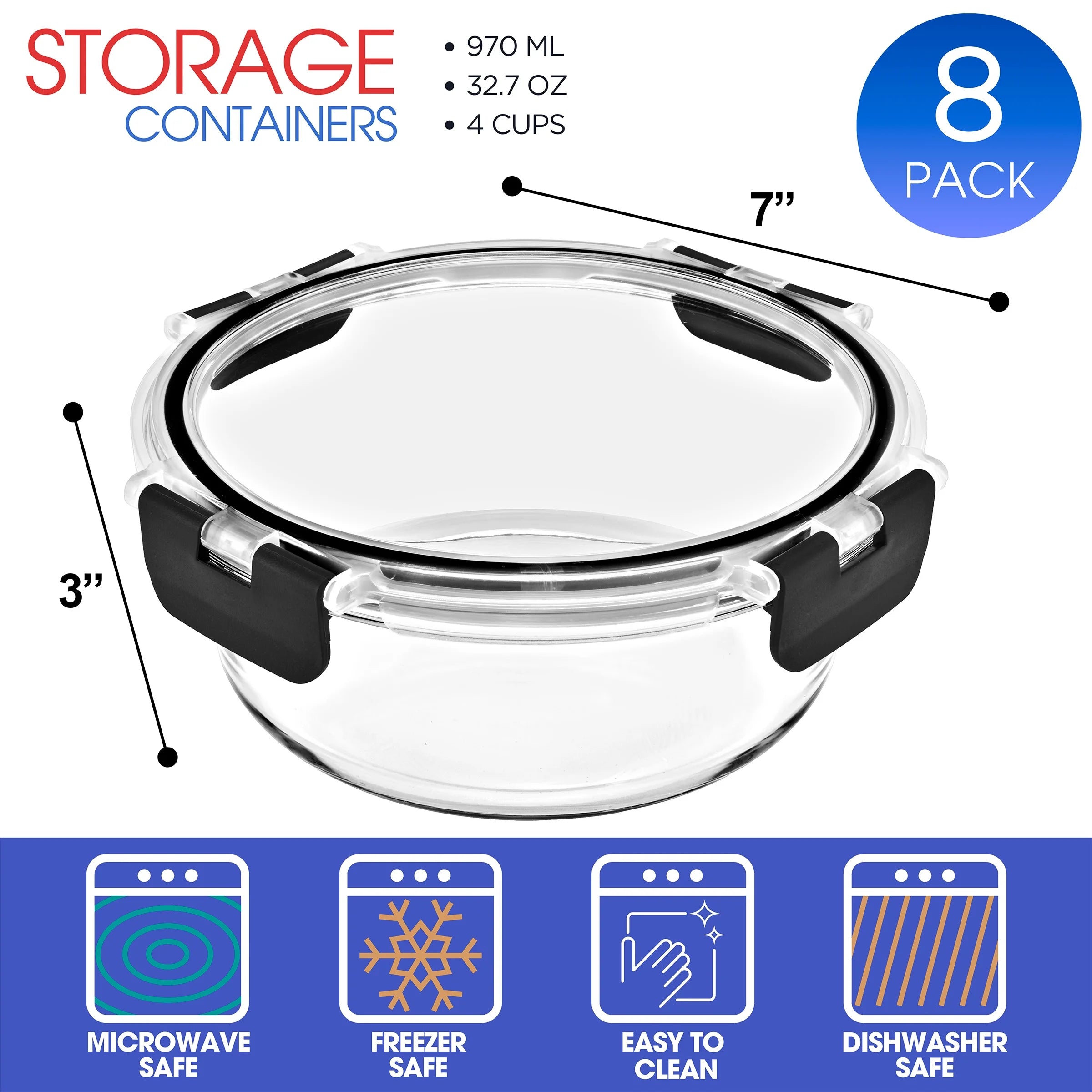 round Glass Meal Prep Containers Set of 8 with Airtight Lids (16Pcs)