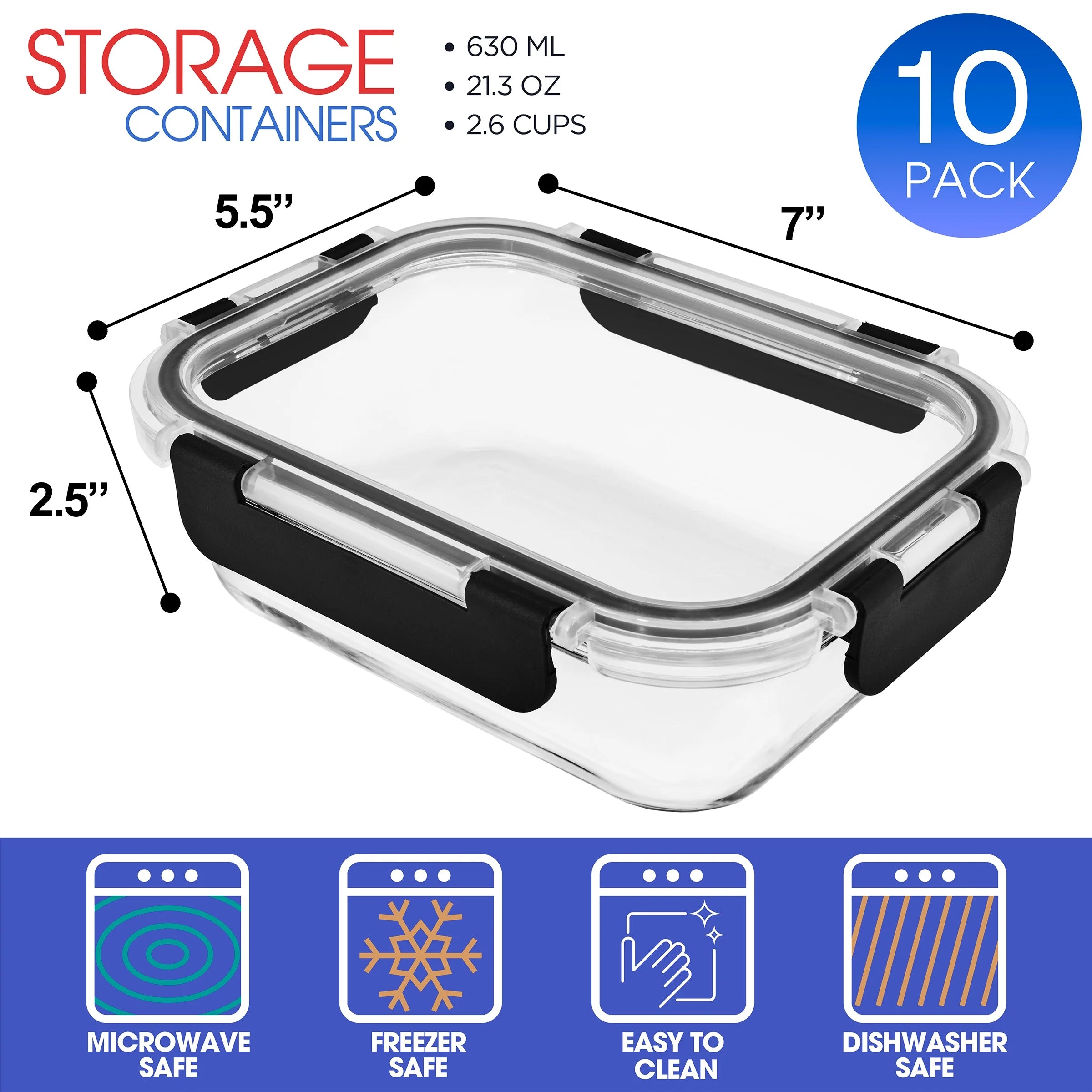 Rectangular Glass Meal Prep Containers Set of 10 with Airtight Lids (20Pcs)