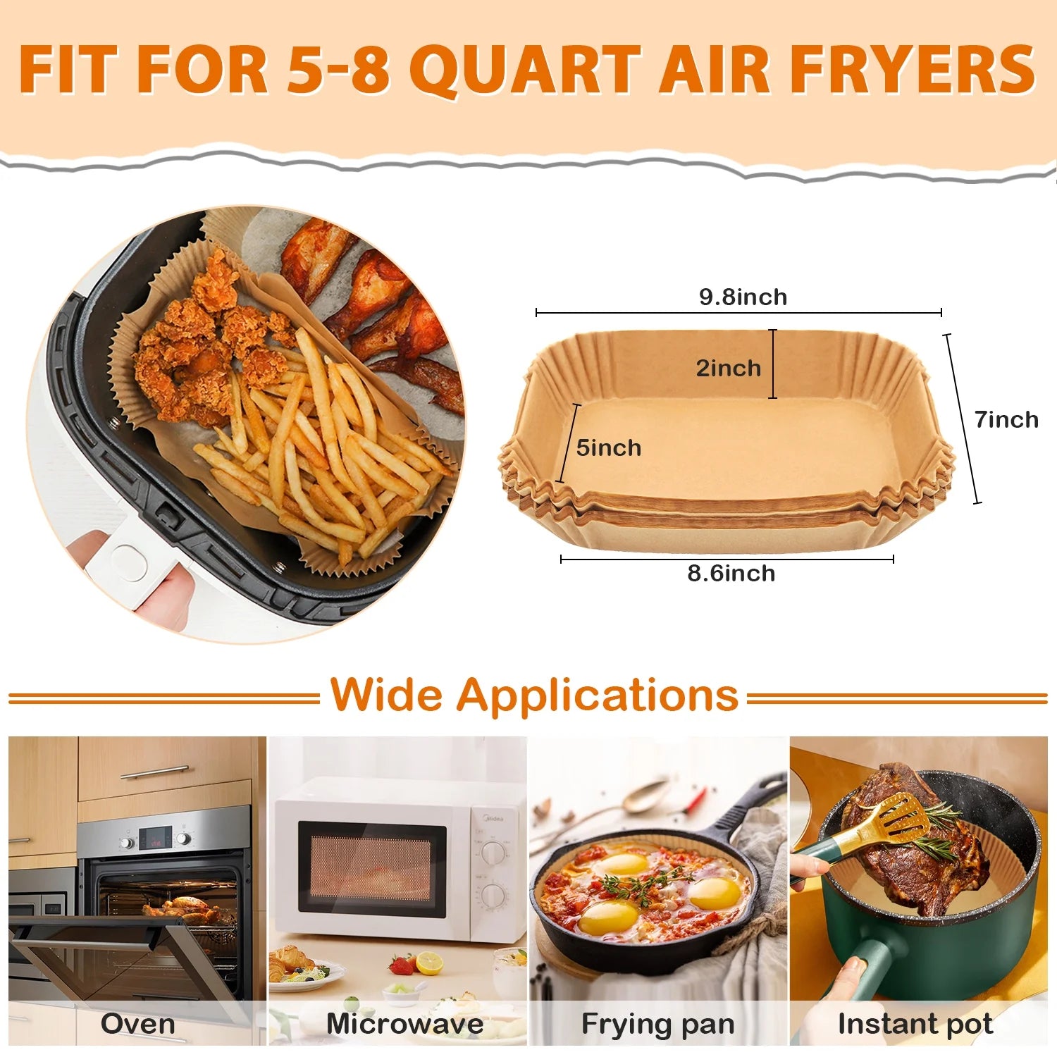 100 Pcs Air Fryer Liners, 8.6 in Rectangle Non-Stick Air Fryer Disposable Paper Liner, Unbleached Oil-Proof Airfryer Liners, Air Fryer Parchment Paper Liners for Fryers Frying Pan Microwave Oven