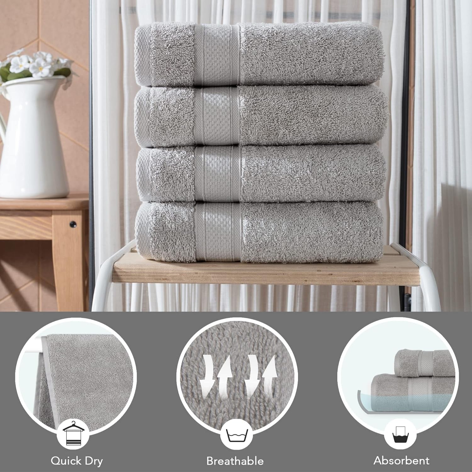 - Hotel Quality Turkish Towel Set for Bathroom (4 Pcs Hand Towel Set, Mirage Grey)