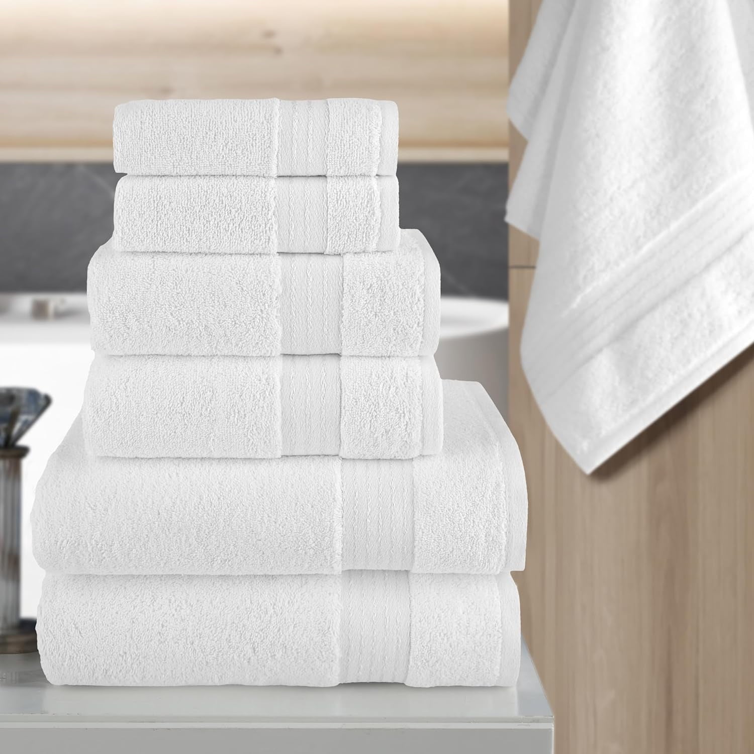 6 Piece Towel Set, 100% Cotton Premium Towel Set, 2 Bathroom Towels, 2 Hand Towels, 2 Wash Cloths, Highly Absorbent Shower Towels, Towel Sets for Bathroom, White