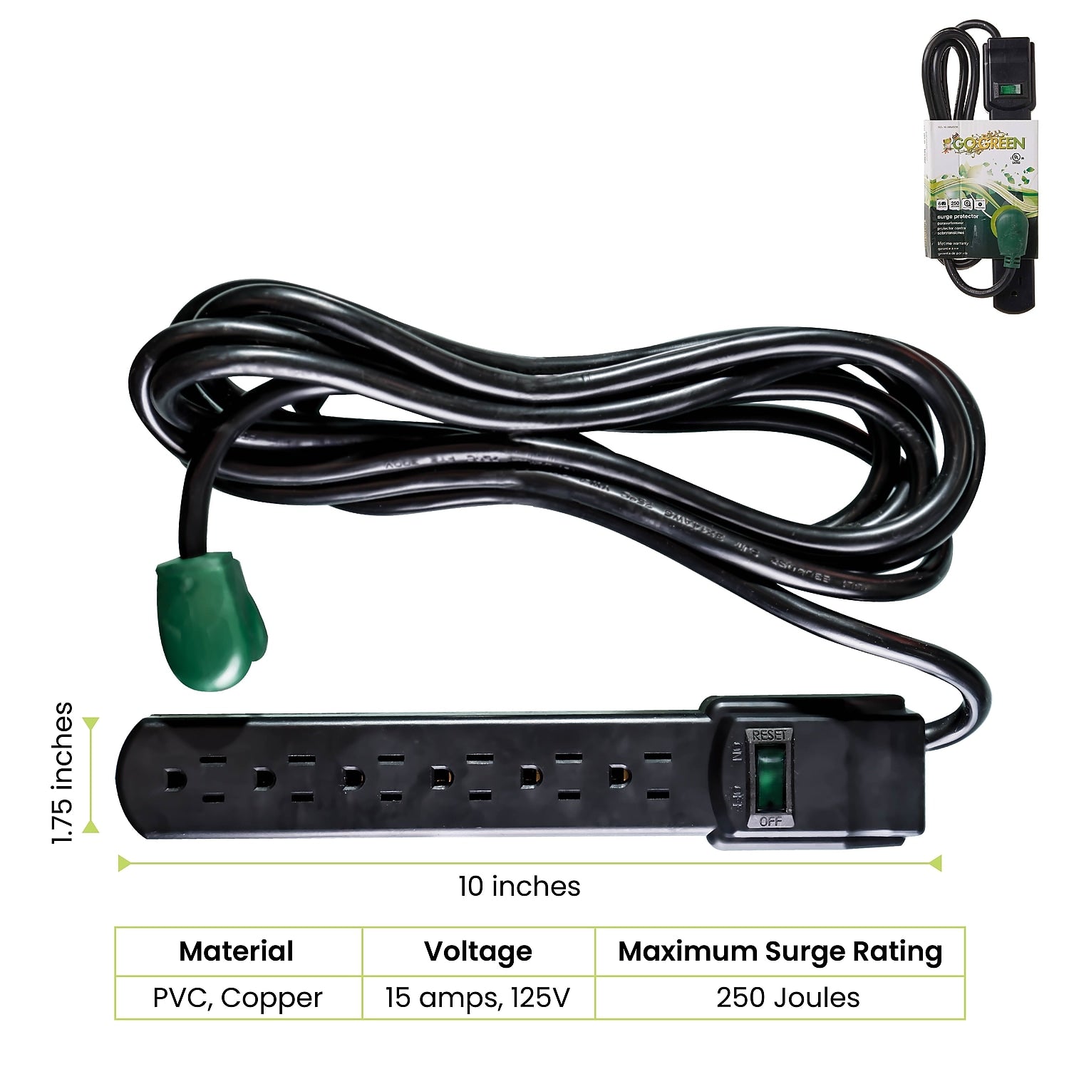 (GG-16106MSBK) 6 Outlet Surge Protector, Black, 6 Ft. Cord