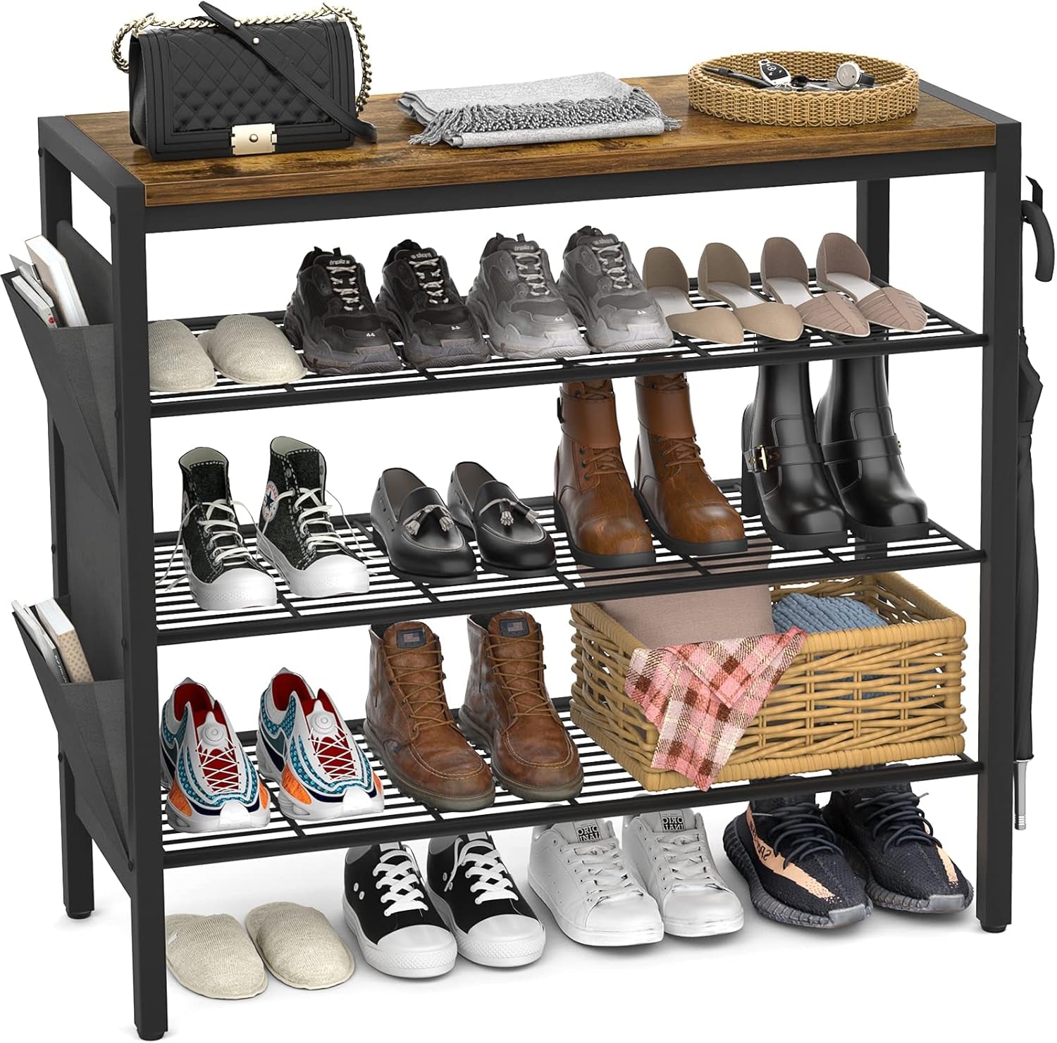Shoe Rack for Entryway, 4-Tier Shoe Rack with Shoe Pockets and Hooks, Industrial Free Standing Shoe Racks for Entryway, Hallway, Front Door, Doorway, Living Room, Laundry, Closet, Rustic