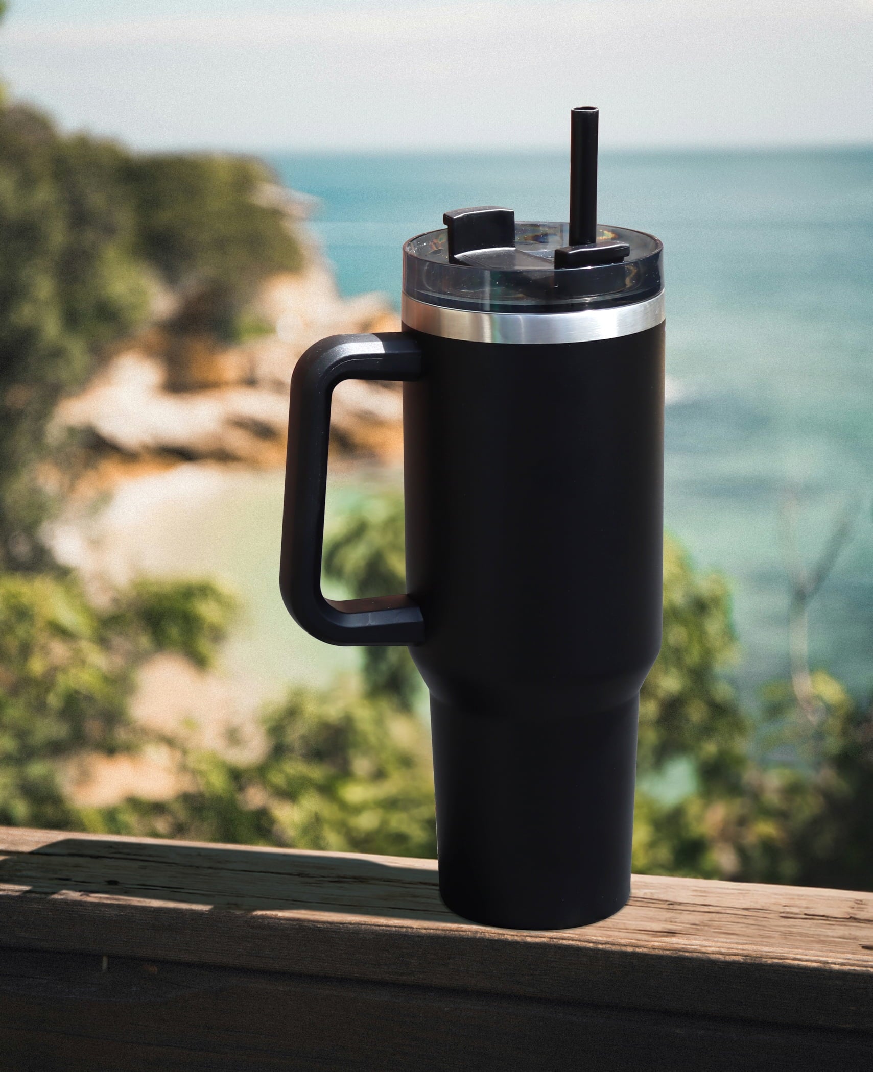 40 Oz Stainless Steel Tumbler with Straw and Handle, Double Wall Insulated, Black