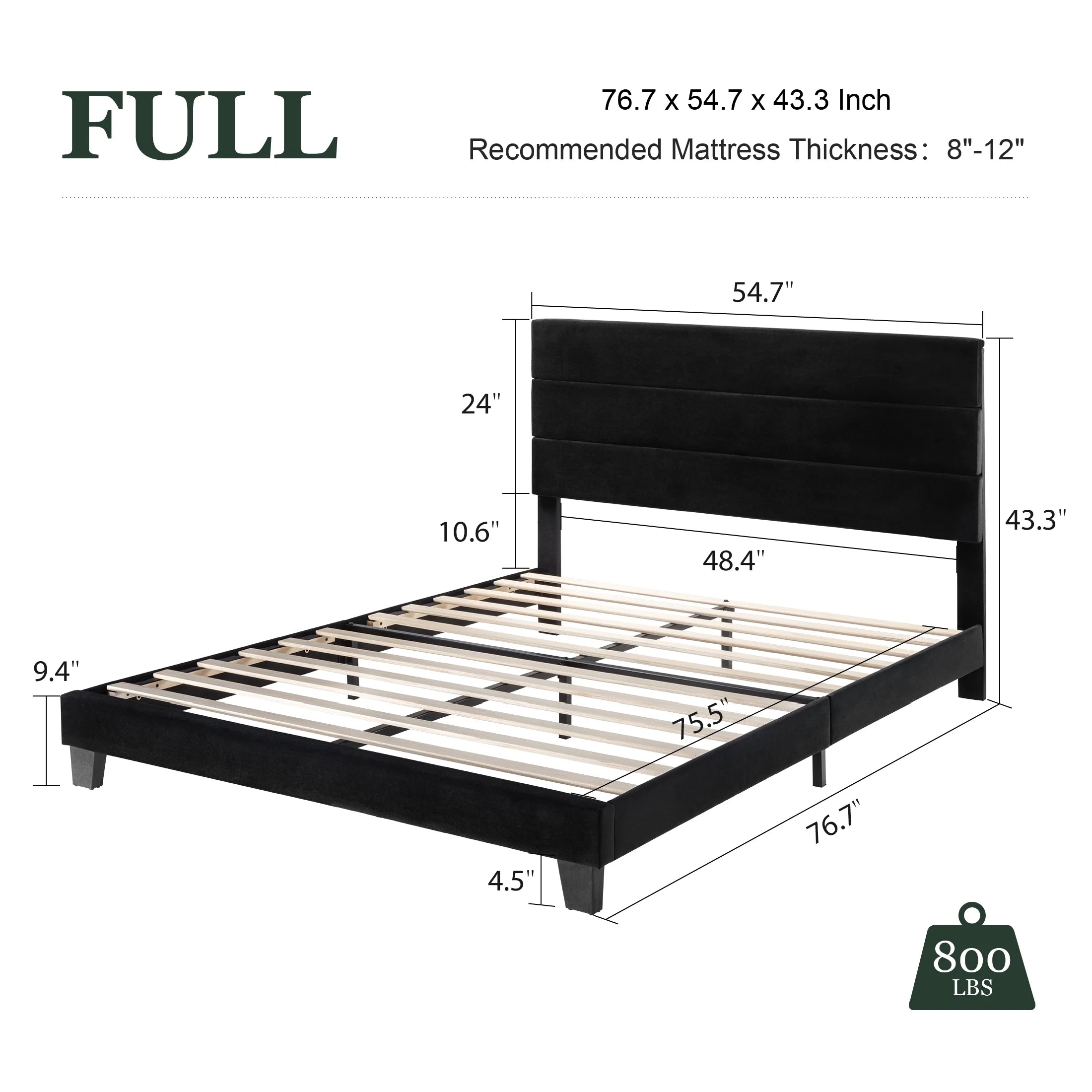 Full Bed Frame, Platform Bed Frame with Velvet Upholstered Headboard, Black