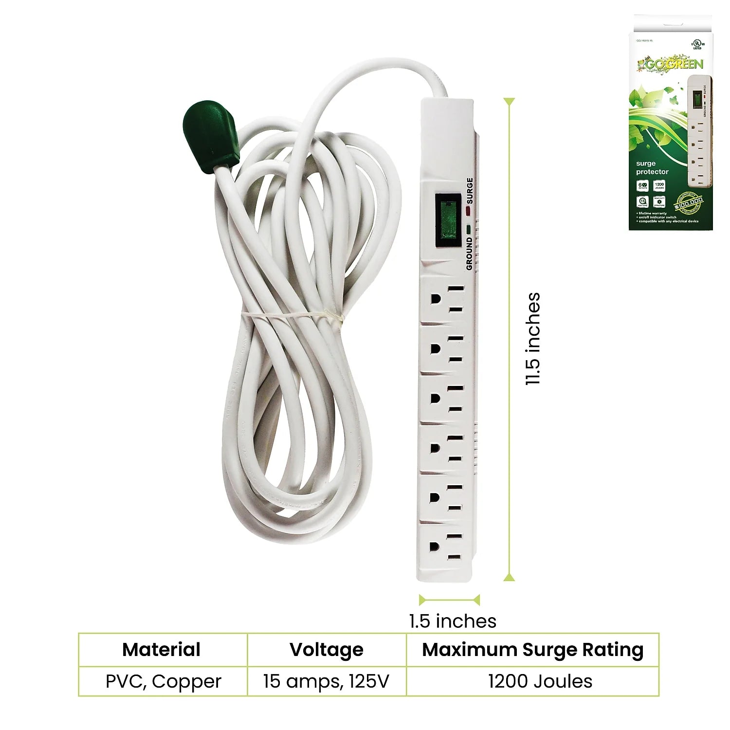 (GG-16315-15) 6 Outlet Surge Protector, 1200 Joules, White, 15 Ft Cord