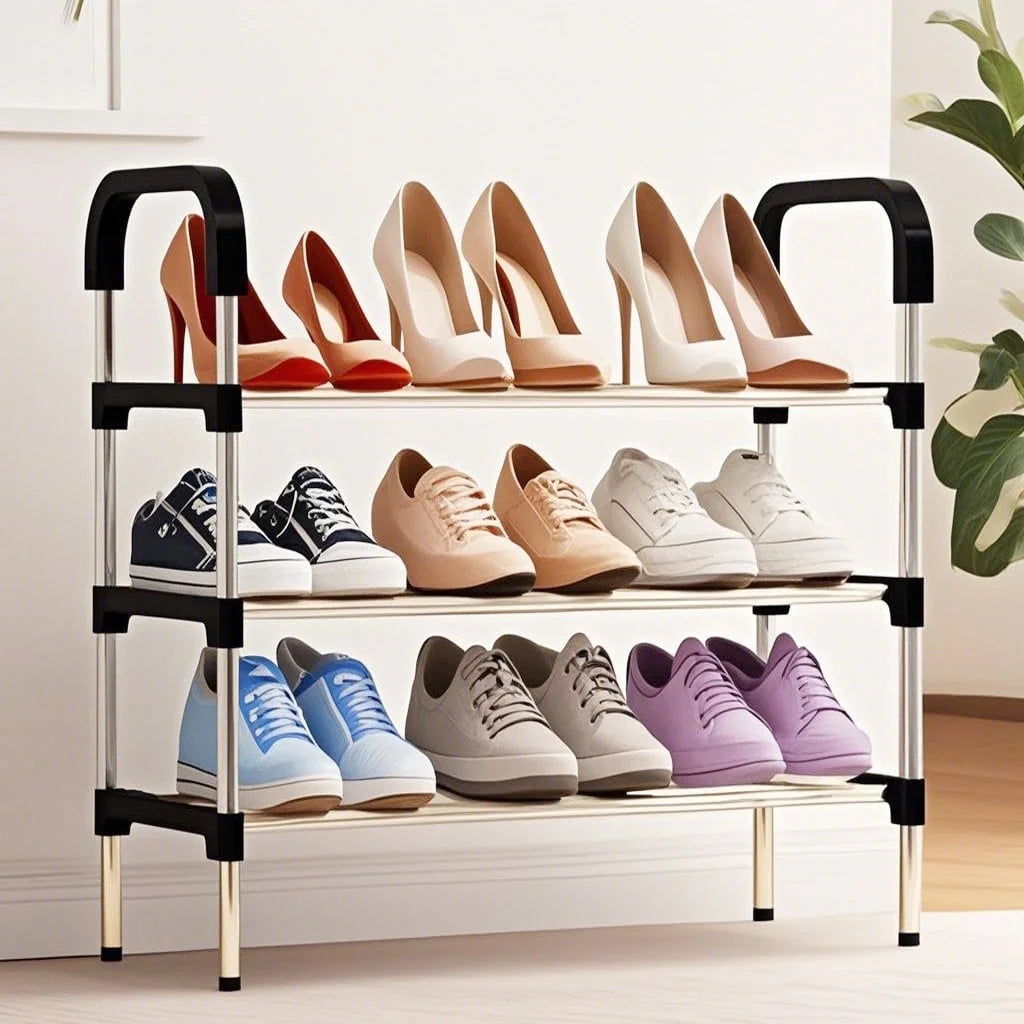 3 Tier Shoe Rack, Stackable Metal 9 Pairs Shoes Organizer Storage Shelf for Closet Door Entryway