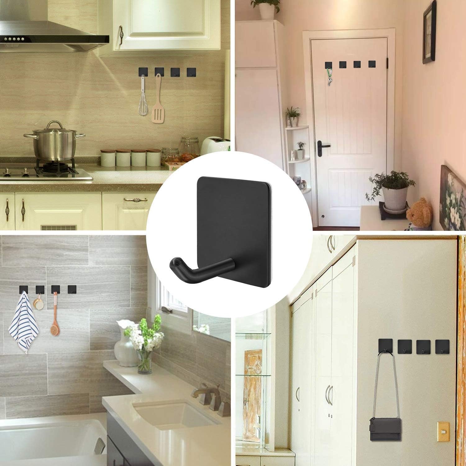 Adhesive Hooks, Self Adhesive Black Wall Mount Hanger Heavy Duty Rugged 304 Stainless Steel Hooks for Robe Coat Towel, Strong Sticky Hanging Hooks for Doors Kitchen Bathrooms Office, 4 Packs