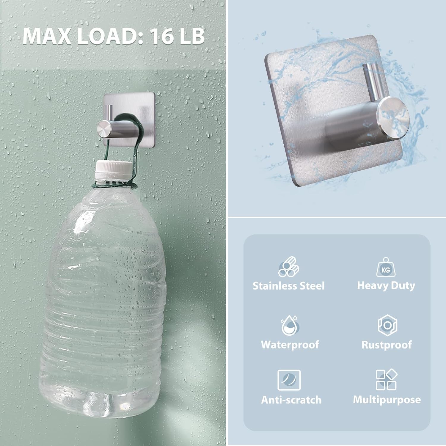 Adhesive Towel Hooks, Waterproof Shower Wall Stick on Hooks, 2 Extra Adhesive Strips, Silver, 4 Pcs