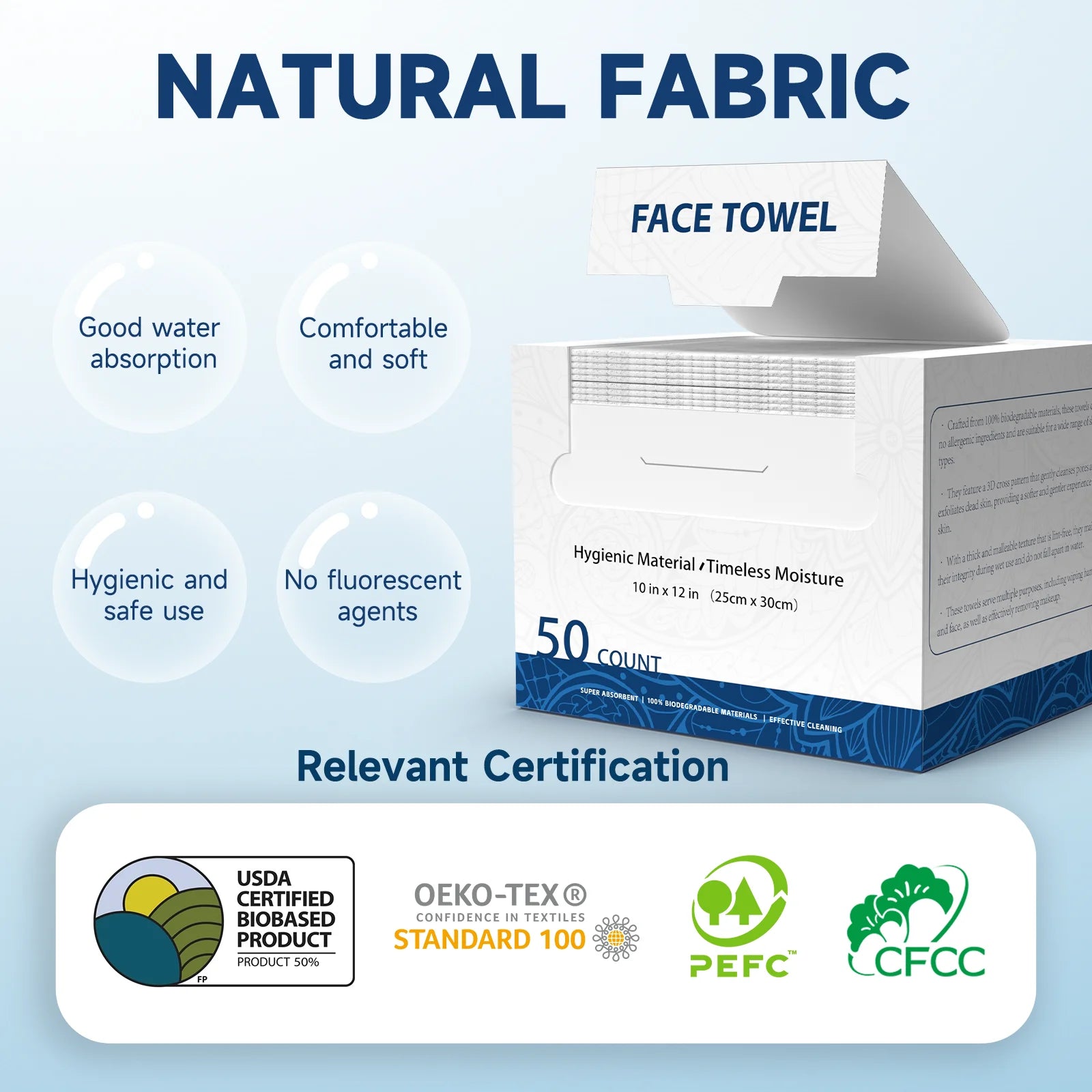 Disposable Face Towel, 10” X 12”, 100% Viscose Fibre, Disposable Face Towels for Women Cleansing Sensitive Skin, 50 Count（1 Pack）