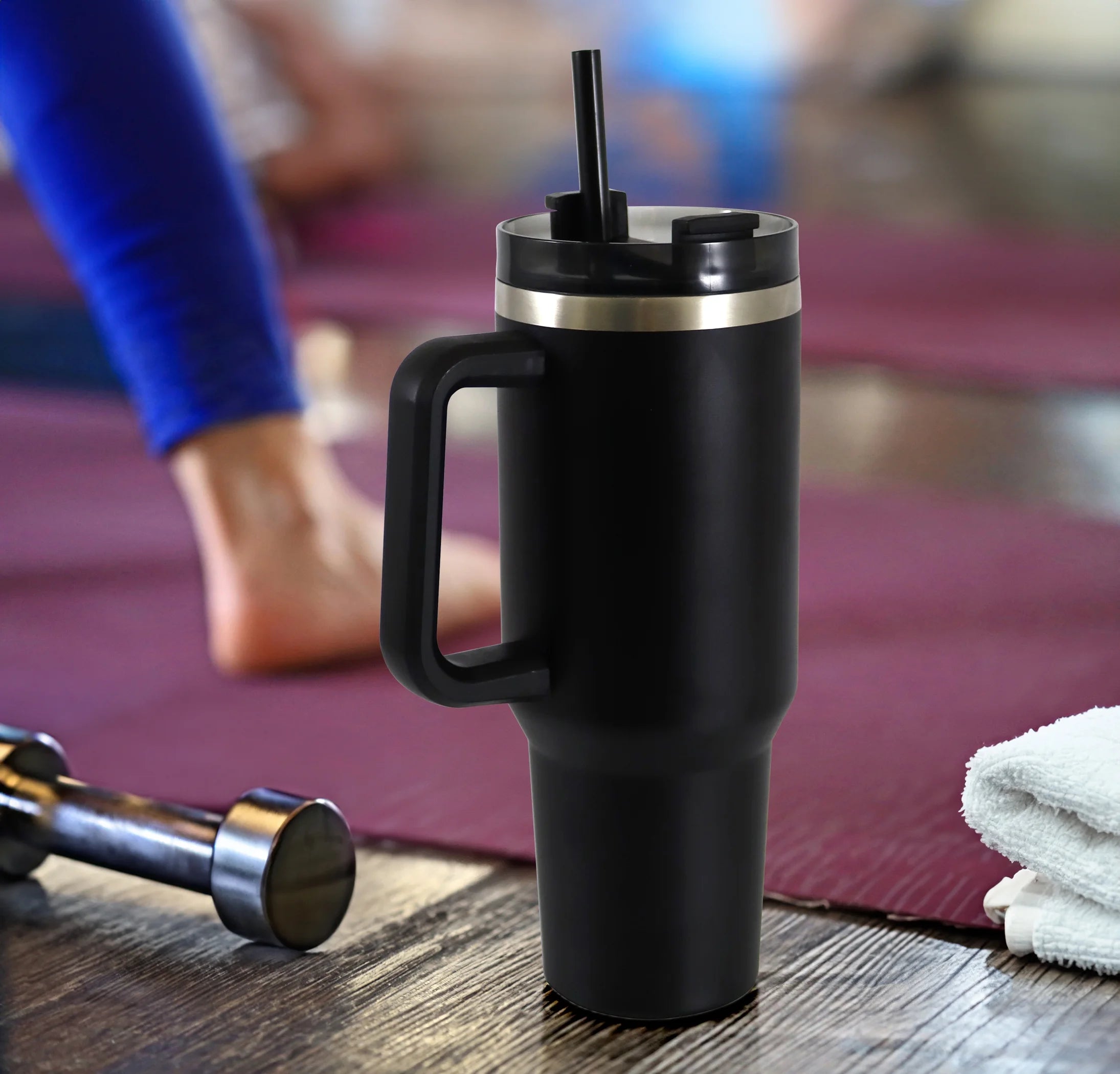 40 Oz Stainless Steel Tumbler with Straw and Handle, Double Wall Insulated, Black