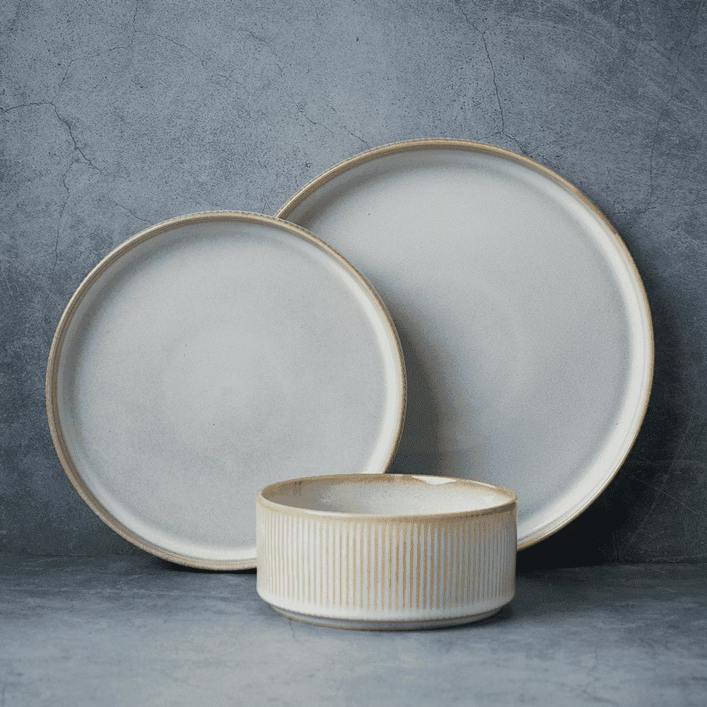 Star Stoneware Dinnerware Sets, Plates and Bowls Set for 4, 12 Piece Dish Set, Cappuccino White