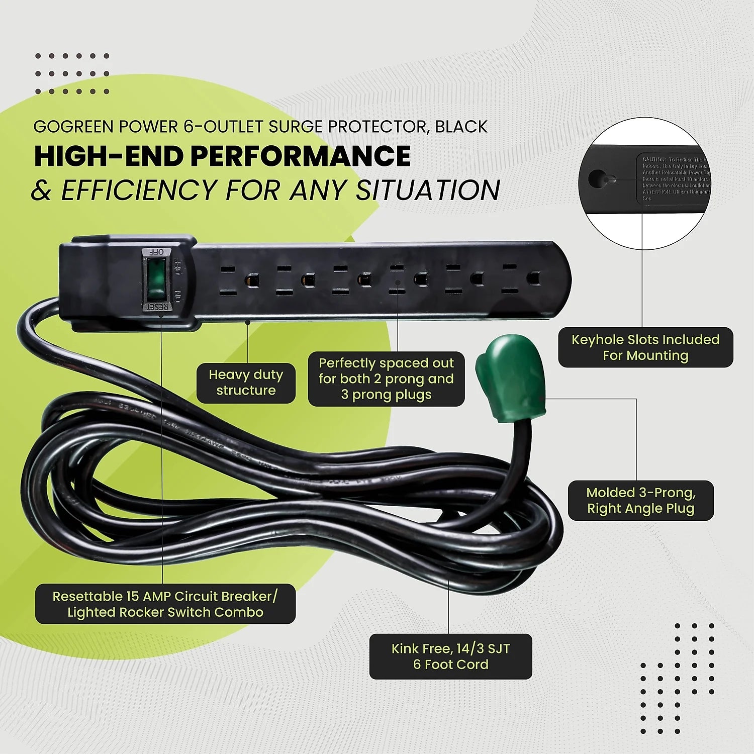 (GG-16106MSBK) 6 Outlet Surge Protector, Black, 6 Ft. Cord