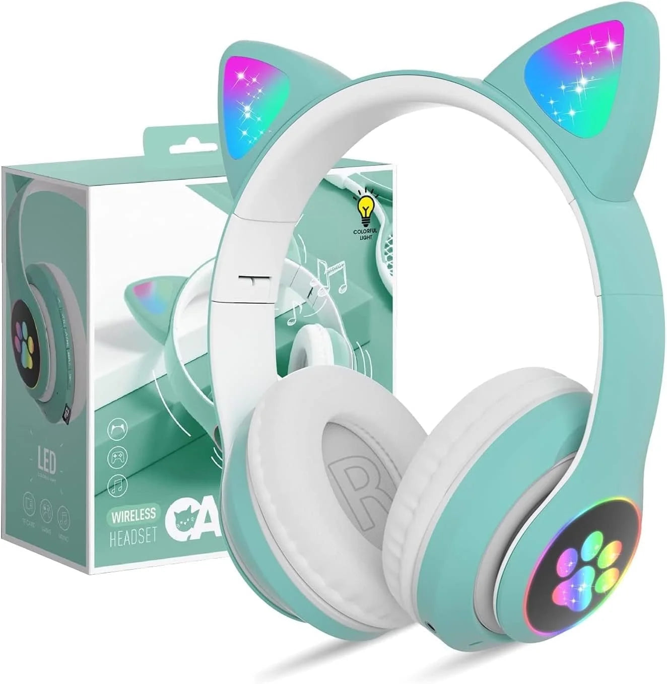 Kids Headphones with Microphone/Rgb LED Light Up, Cat Ear Bluetooth Headphones, Foldable Stereo Over-Ear Headphones for Kids Tablet/School/Pad/Smartphone, Xmas Gift (Green)