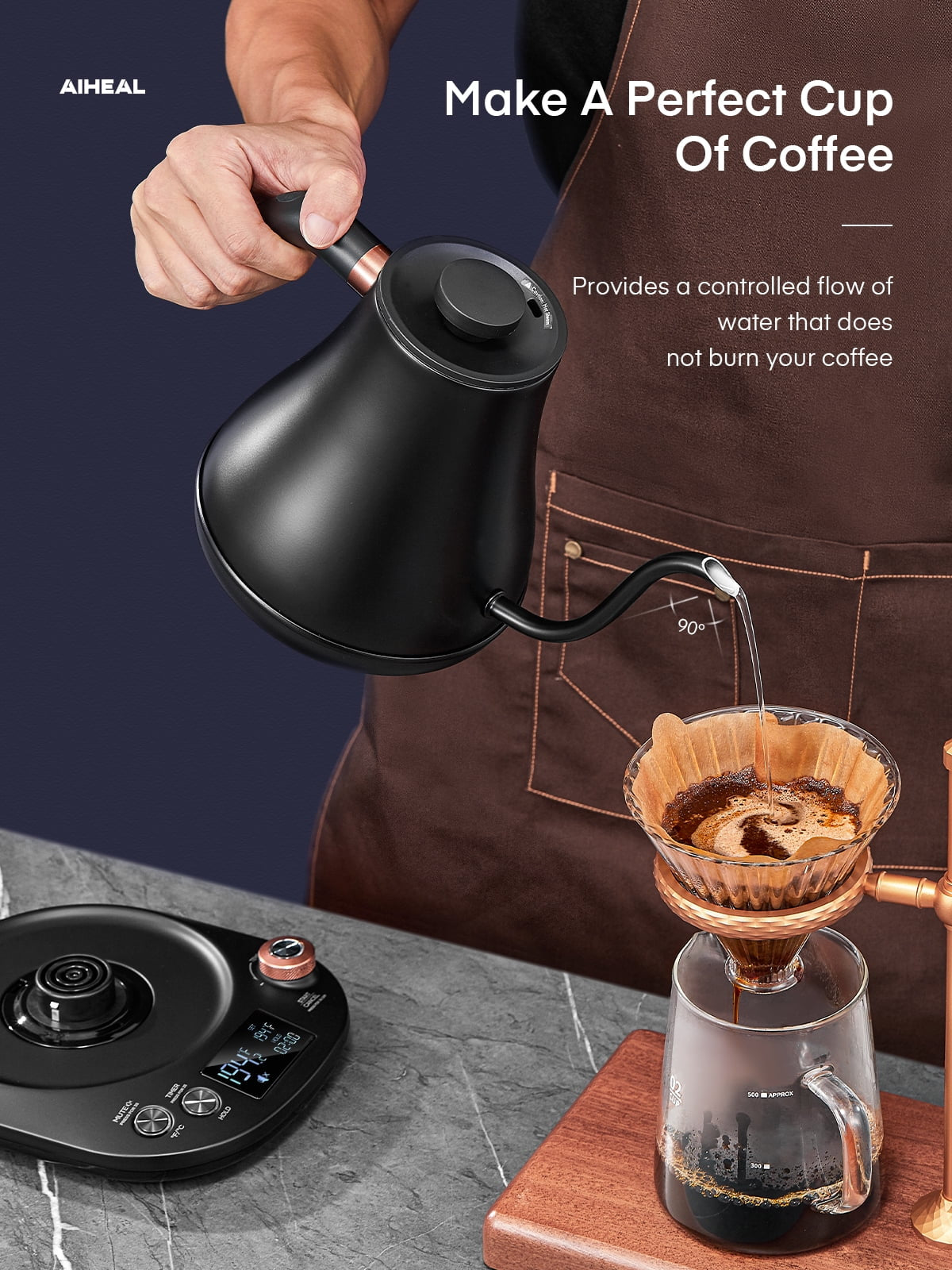 Electric Gooseneck Kettle Temperature Control, Pour over Electric Kettle for Coffee and Tea, 100% Stainless Steel Inner, 1200W Rapid Heating, 0.8L, Built-In Stopwatch, Matte Black