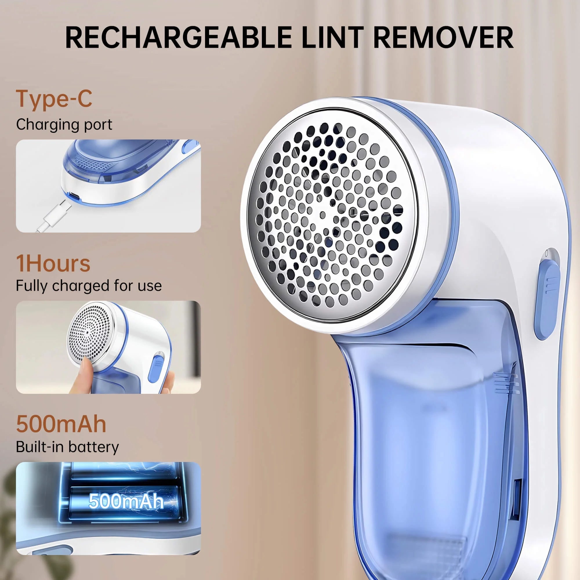 Lint Remover Rechargeable, Electric Portable Sweater Defuzzer with 2 Spare Blades, Blue