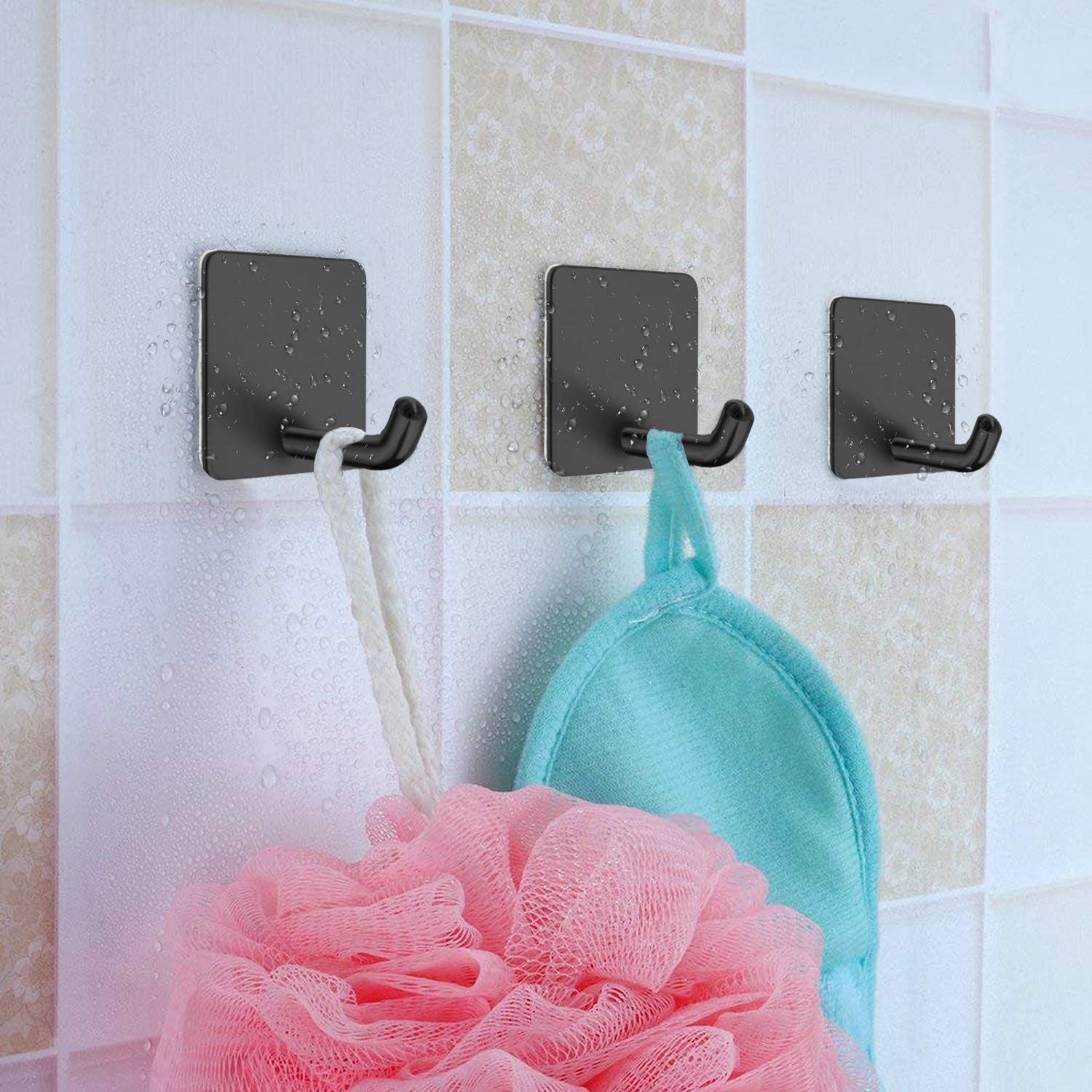 Adhesive Hooks, Self Adhesive Black Wall Mount Hanger Heavy Duty Rugged 304 Stainless Steel Hooks for Robe Coat Towel, Strong Sticky Hanging Hooks for Doors Kitchen Bathrooms Office, 4 Packs