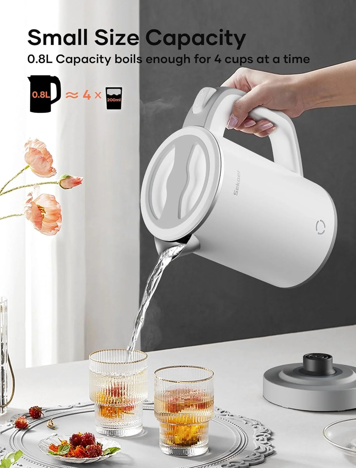 Travel Electric Tea Kettle with Auto Shut-Off & Boil Dry Protection, 304 Stainless Steel Mini Portable Water Kettle, Fast Heating Coffee Kettle, Perfect Holiday Gifts White