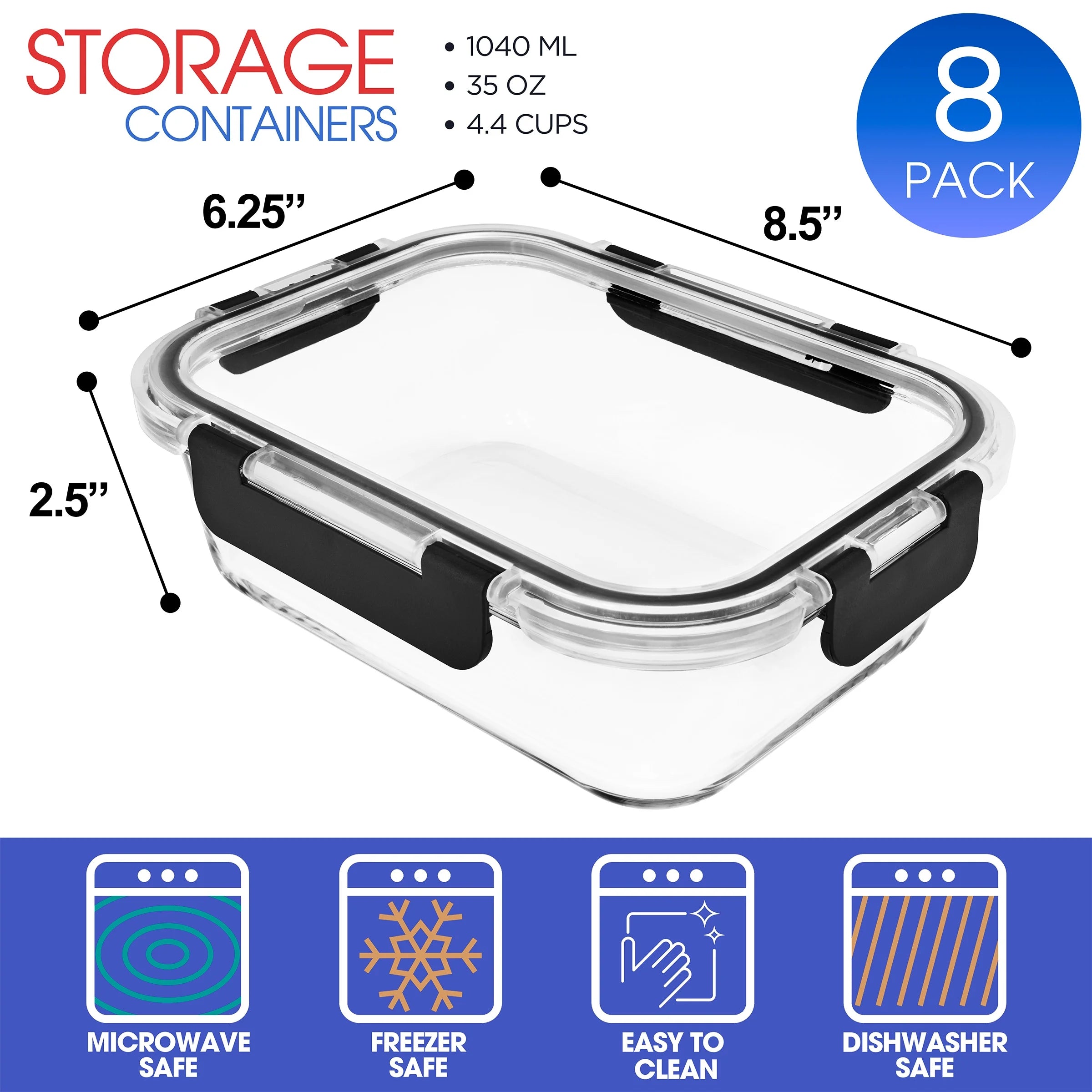 Rectangular Glass Meal Prep Containers Set of 8 with Airtight Lids (16Pcs)