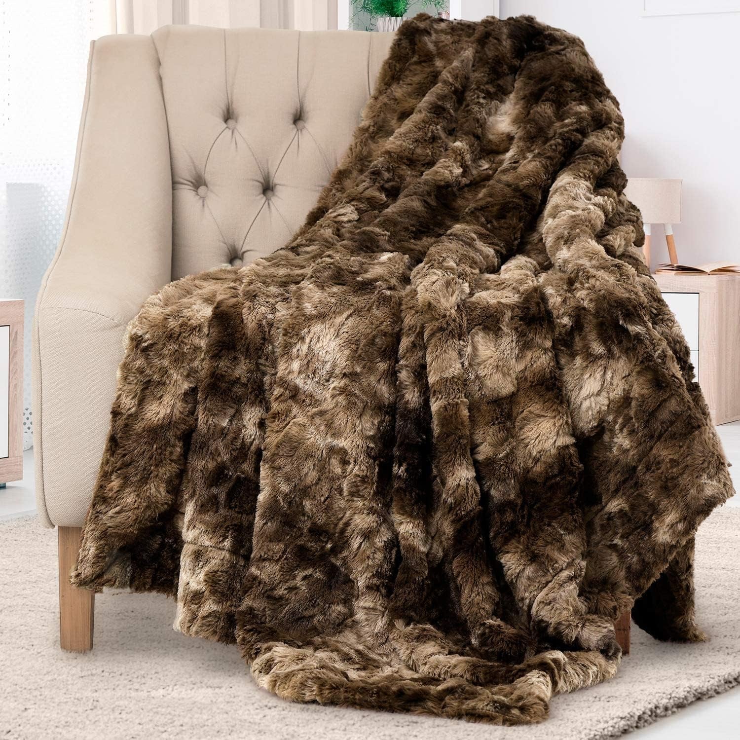 Soft Faux Fur Throw, 50" X 60" Fuzzy Blanket for Couch, Bed, Sofa - Luxurious Ruched Plush Fluffy Warm Throw for Living Room, Bedroom