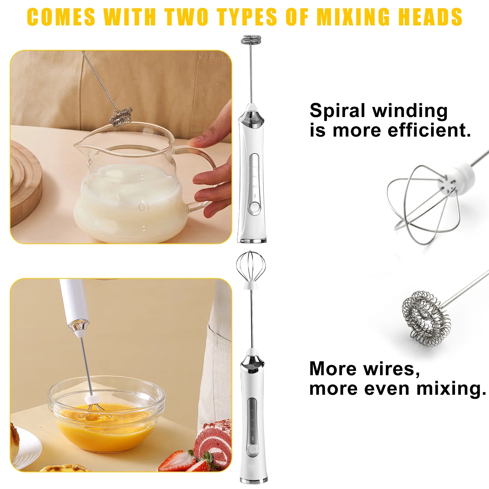 Electric Milk Frother, Rechargeable Handheld Electric Milk Frother with 2 Heads and 3 Speeds, White