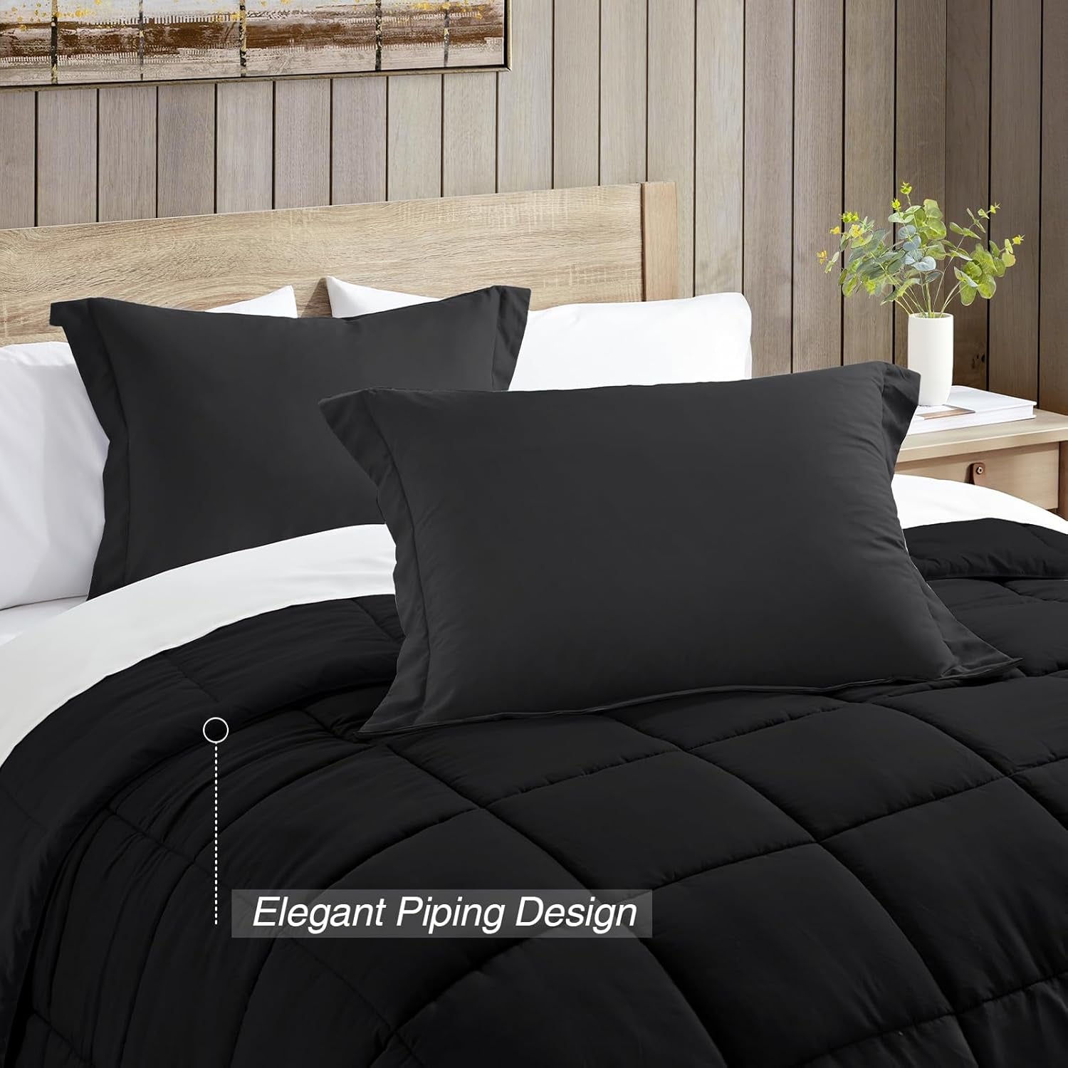 Oversized Queen Comforter Set, Black Bedding Comforters Oversized Queen, 3 Pieces down Alternative Bed Comforter Lightweight, Soft Bed Set Breathable Solid Black All Season Bedding Sets