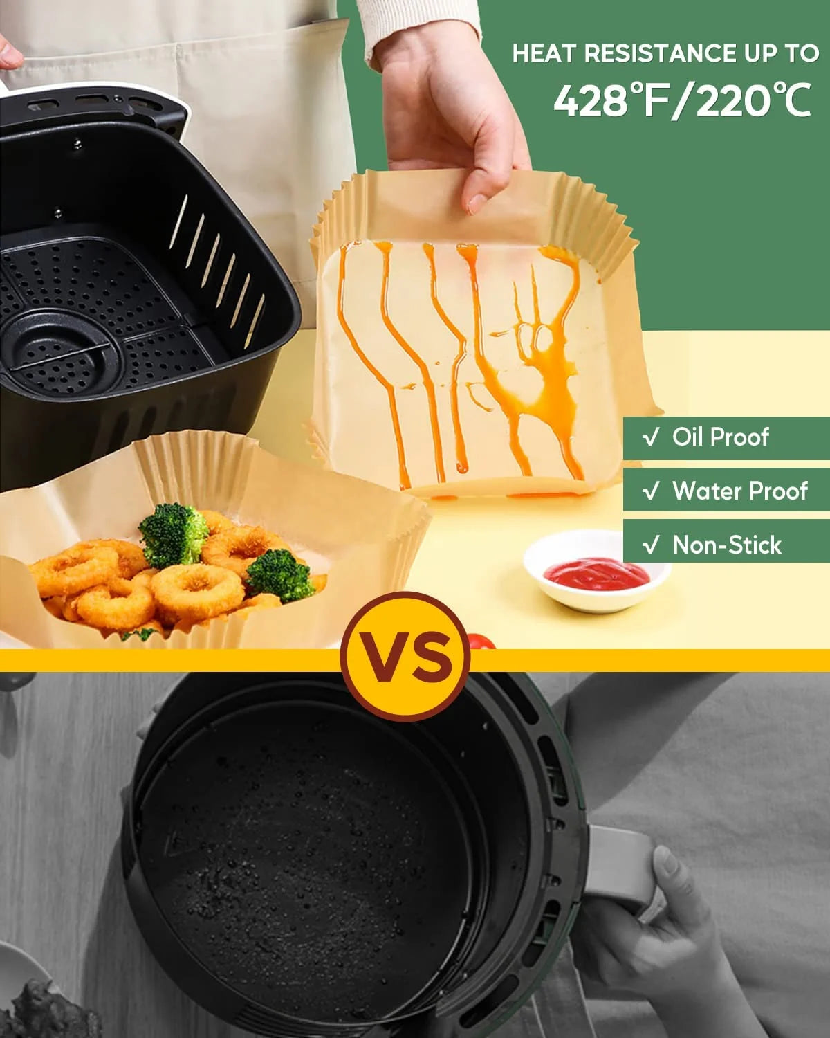 Air Fryer Paper Liners, 6.3 in Square, 130 Count, Unbleached, Non-Stick, Oil-Proof, Disposable