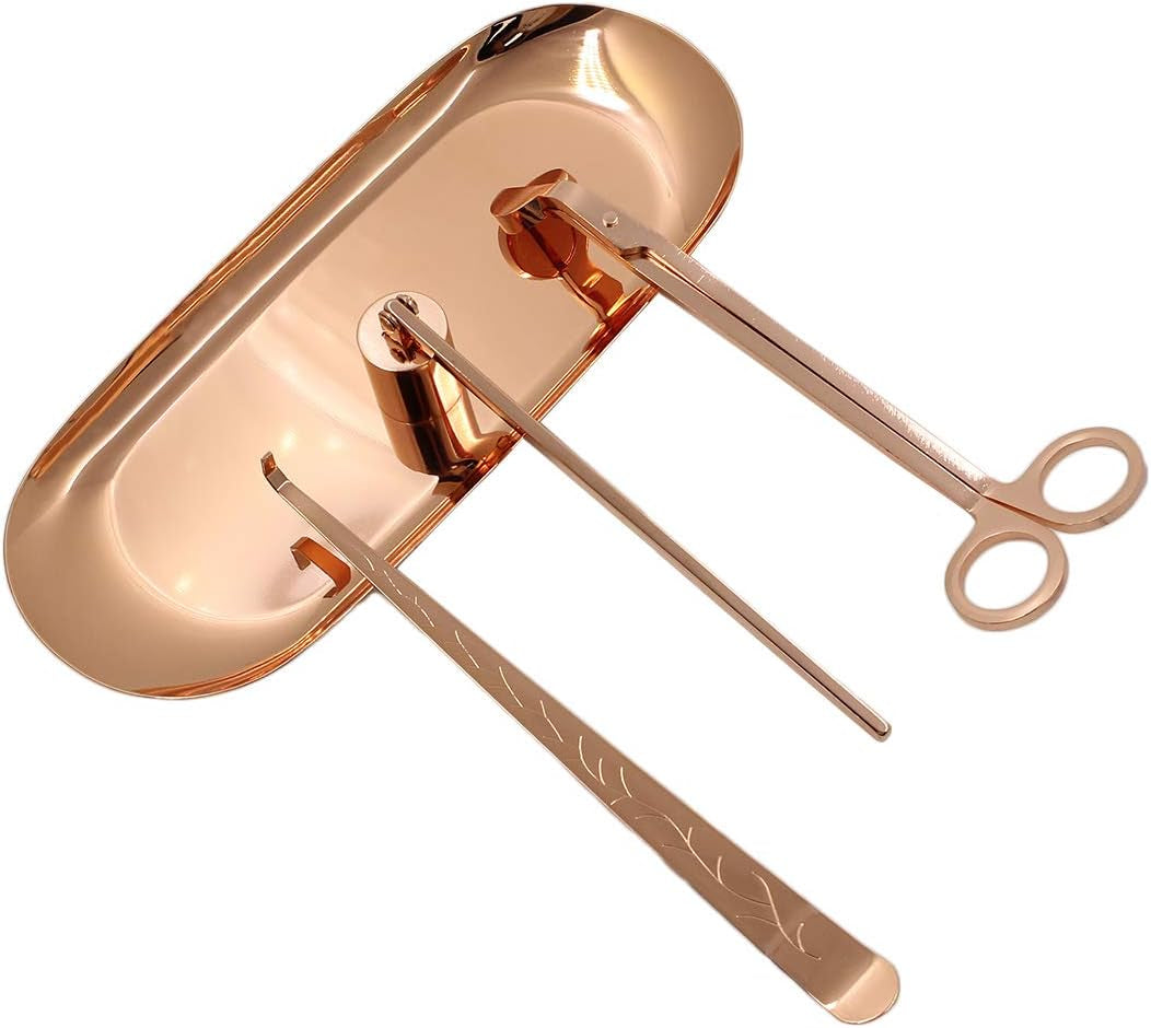 4 in 1 Candle Wick Trimmer Set - Candle Wick Trimmer, Candle Wick Dipper, Candle Snuffer and Candle Tray for Candle and Aromatherapy Lovers - Rose Gold