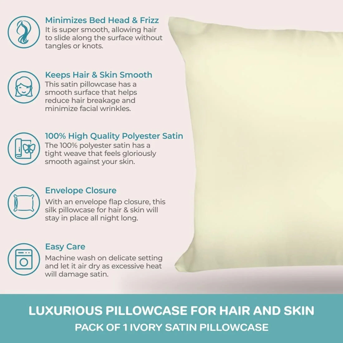 Satin Pillowcase for Hair and Face Beauty, King Size, 1 Pack, Ivory Beige