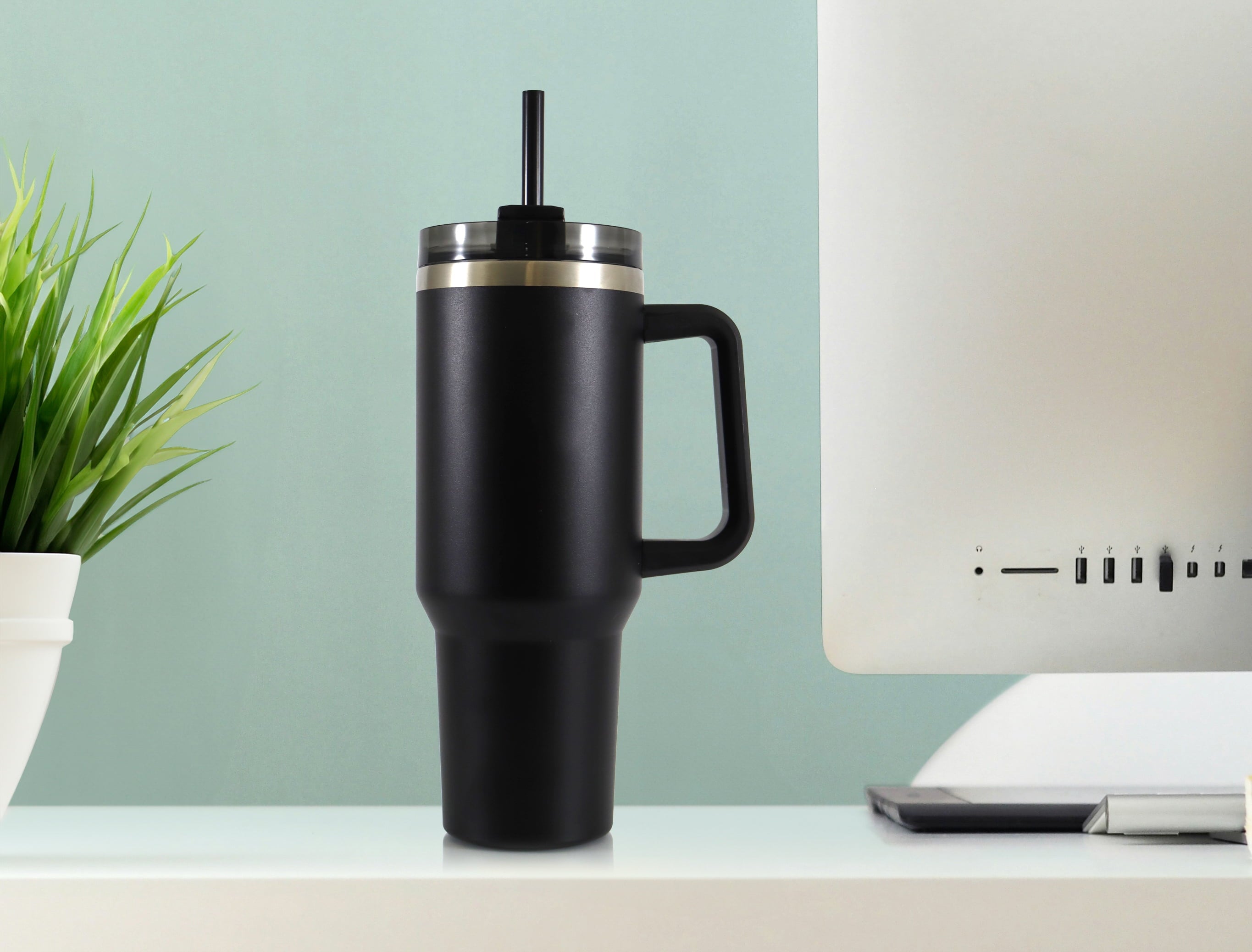 40 Oz Stainless Steel Tumbler with Straw and Handle, Double Wall Insulated, Black