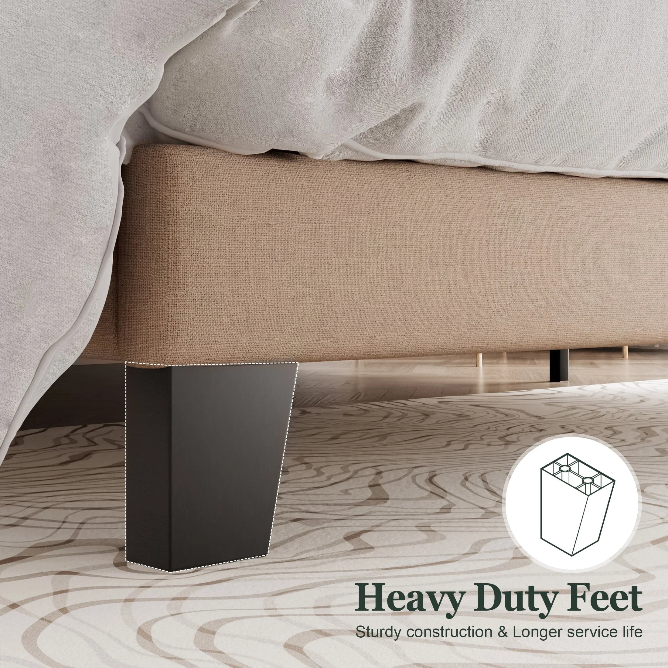 Full Bed Frame, Platform Bed Frame with Fabric Upholstered Headboard, Beige