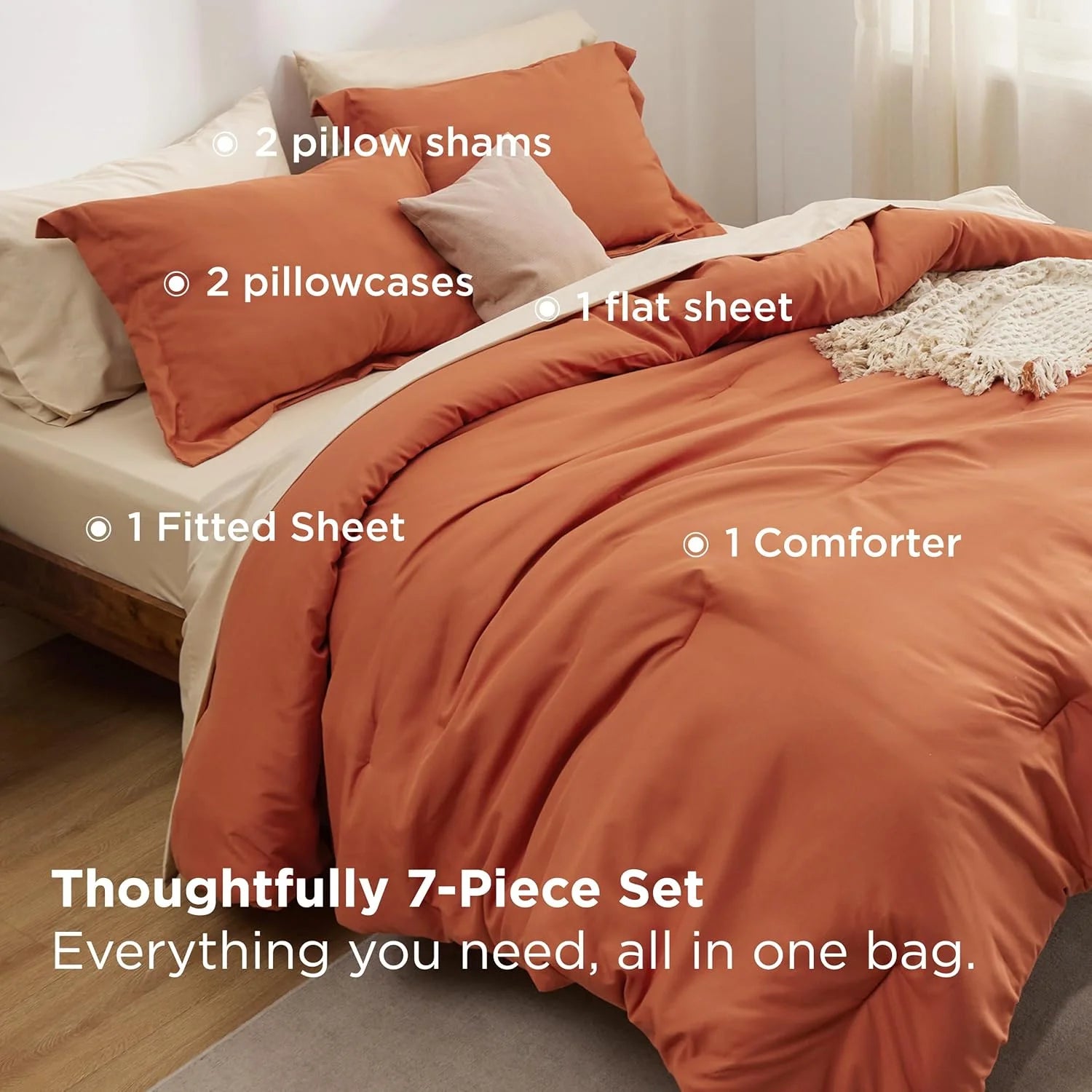 Cozy Comfort Full Size Comforter Set Burnt Orange, 7 Pieces Soft Bedding Sets with Comforter, Sheets, Pillowcases & Shams, All Season Boho Bed in a Bag Full Size, 80GSM