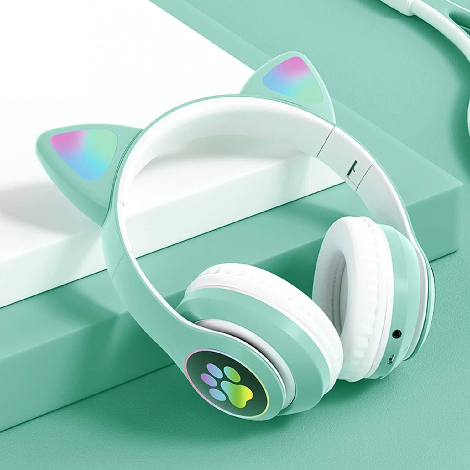 Kids Headphones with Microphone/Rgb LED Light Up, Cat Ear Bluetooth Headphones, Foldable Stereo Over-Ear Headphones for Kids Tablet/School/Pad/Smartphone, Xmas Gift (Green)