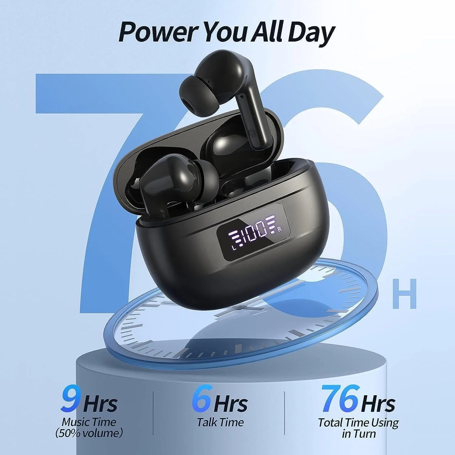 Wireless Ear Buds Bluetooth Earbuds 76H Playback Noise Cancellation Clear Calls Headphones Power Display Protable Charging Case Light Weight IPX7 Waterproof Earphones for Android Ios
