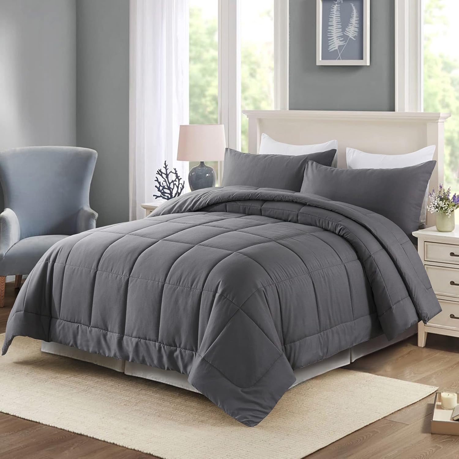 King Size Comforter Set -All Season Bedding Comforters Sets with 2 Pillow Cases -3 Pieces Bed Set down Alternative King Bedding Set -Grey King Comforter Set(102"X90")